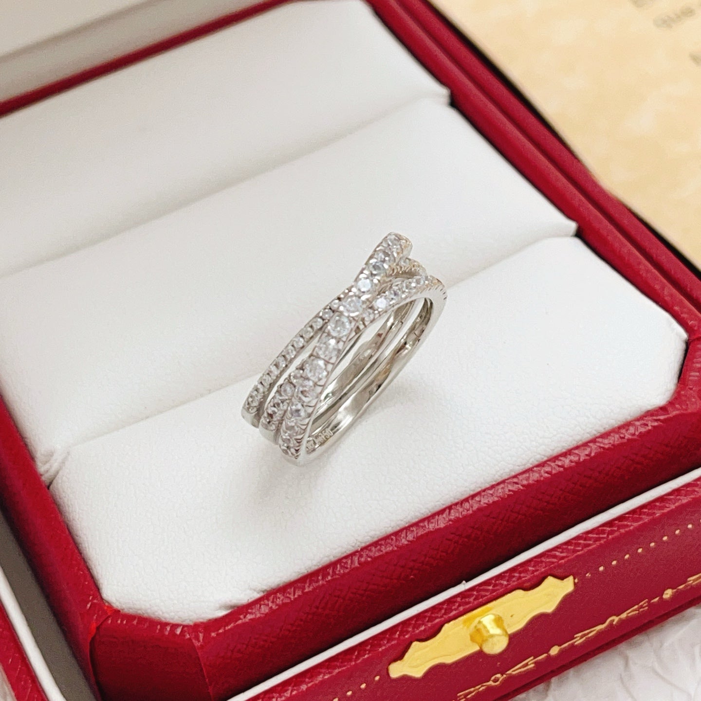 Triple-Ring Motif Statement Ring in Silver-Tone with Crystal-Style Accents detail view