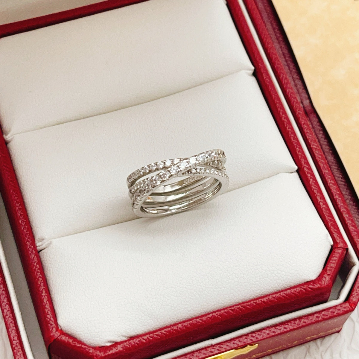 Triple-Ring Motif Statement Ring in Silver-Tone with Crystal-Style Accents front view