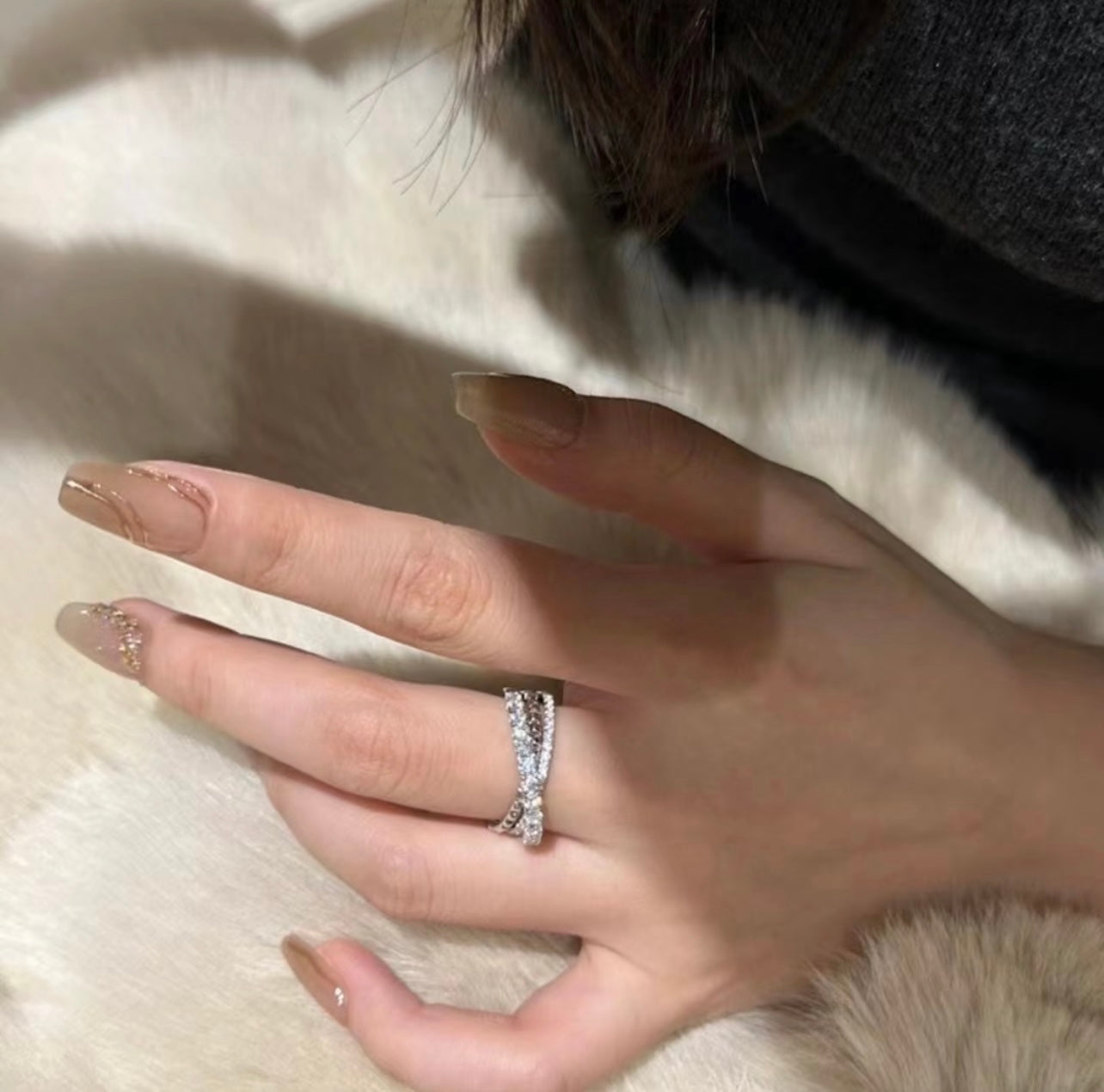Triple-Ring Motif Statement Ring in Silver-Tone with Crystal-Style Accents detail view
