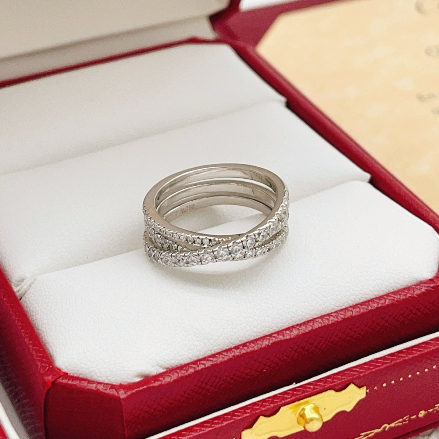 Triple-Ring Motif Statement Ring in Silver-Tone with Crystal-Style Accents close-up detail