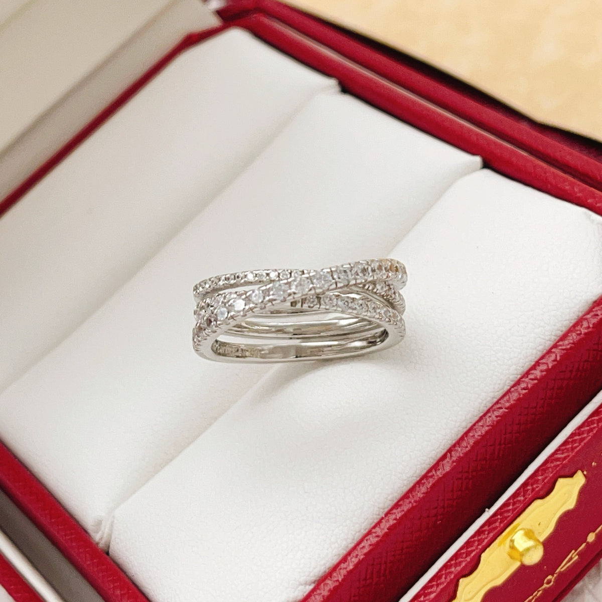 Triple-Ring Motif Statement Ring in Silver-Tone with Crystal-Style Accents main product view