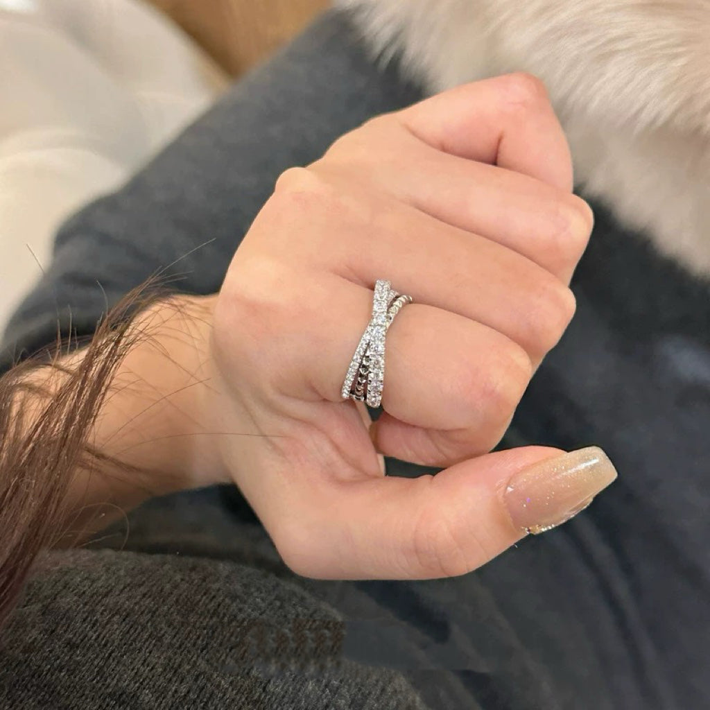 Triple-Ring Motif Statement Ring in Silver-Tone with Crystal-Style Accents close-up detail