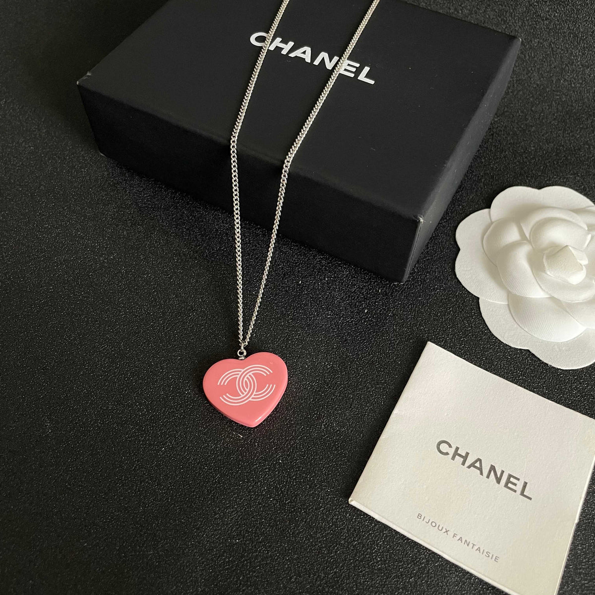 Double-C Emblem Pendant Necklace in Polished Metal-Tone – Heart Detail close-up detail