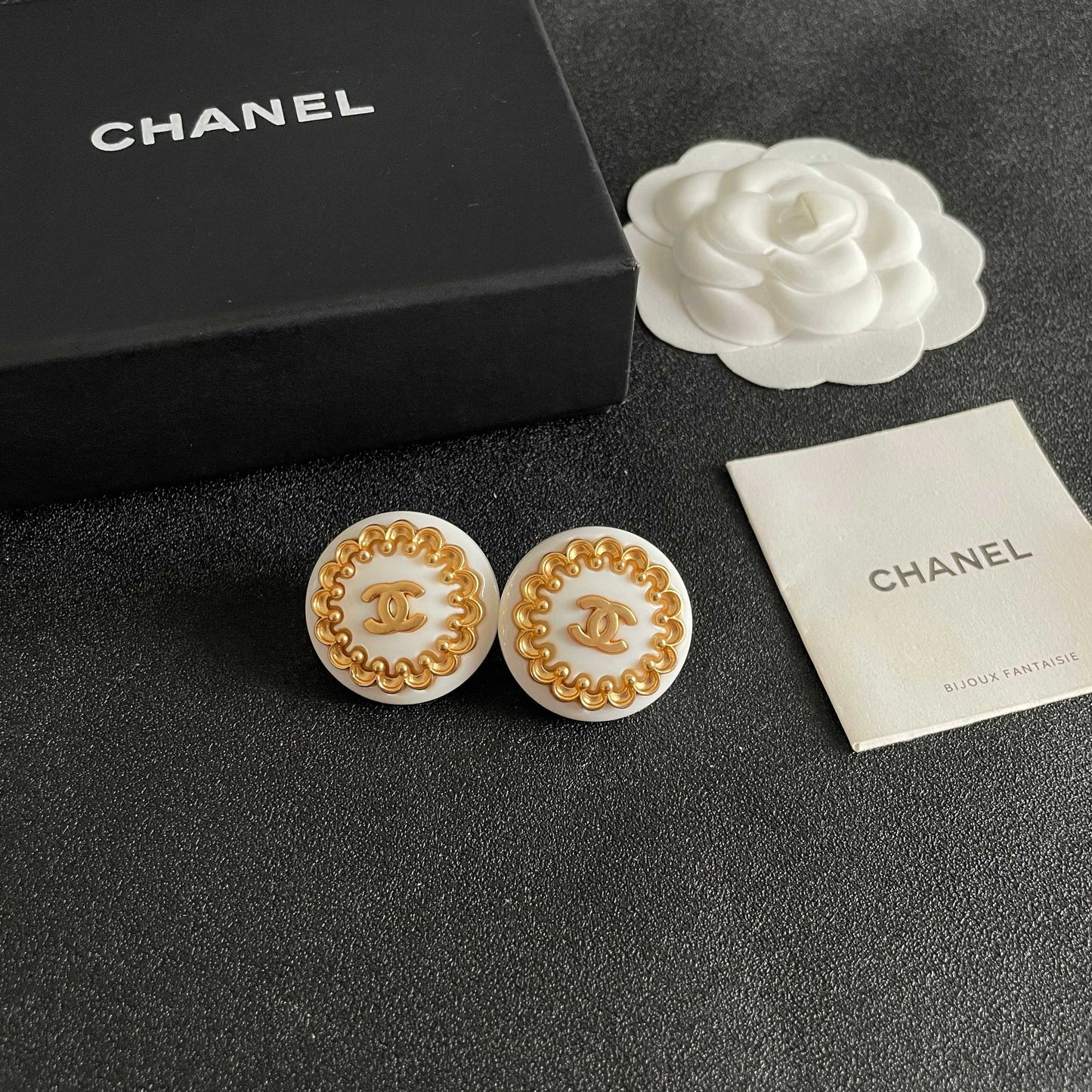 Double-C Emblem Stud Earrings in Polished Metal-Tone – Design 061 styled product view