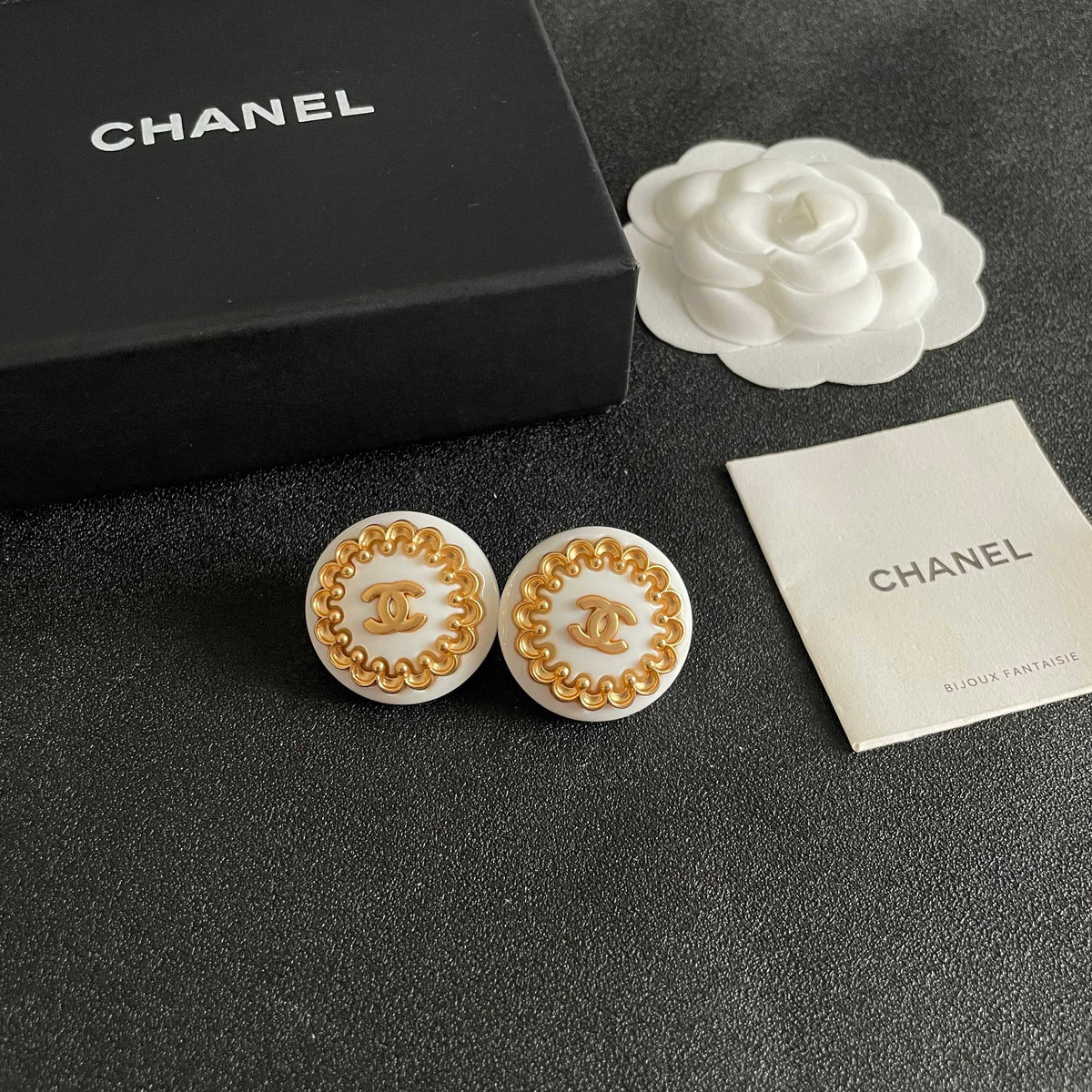 Double-C Emblem Stud Earrings in Polished Metal-Tone – Design 061 styled product view