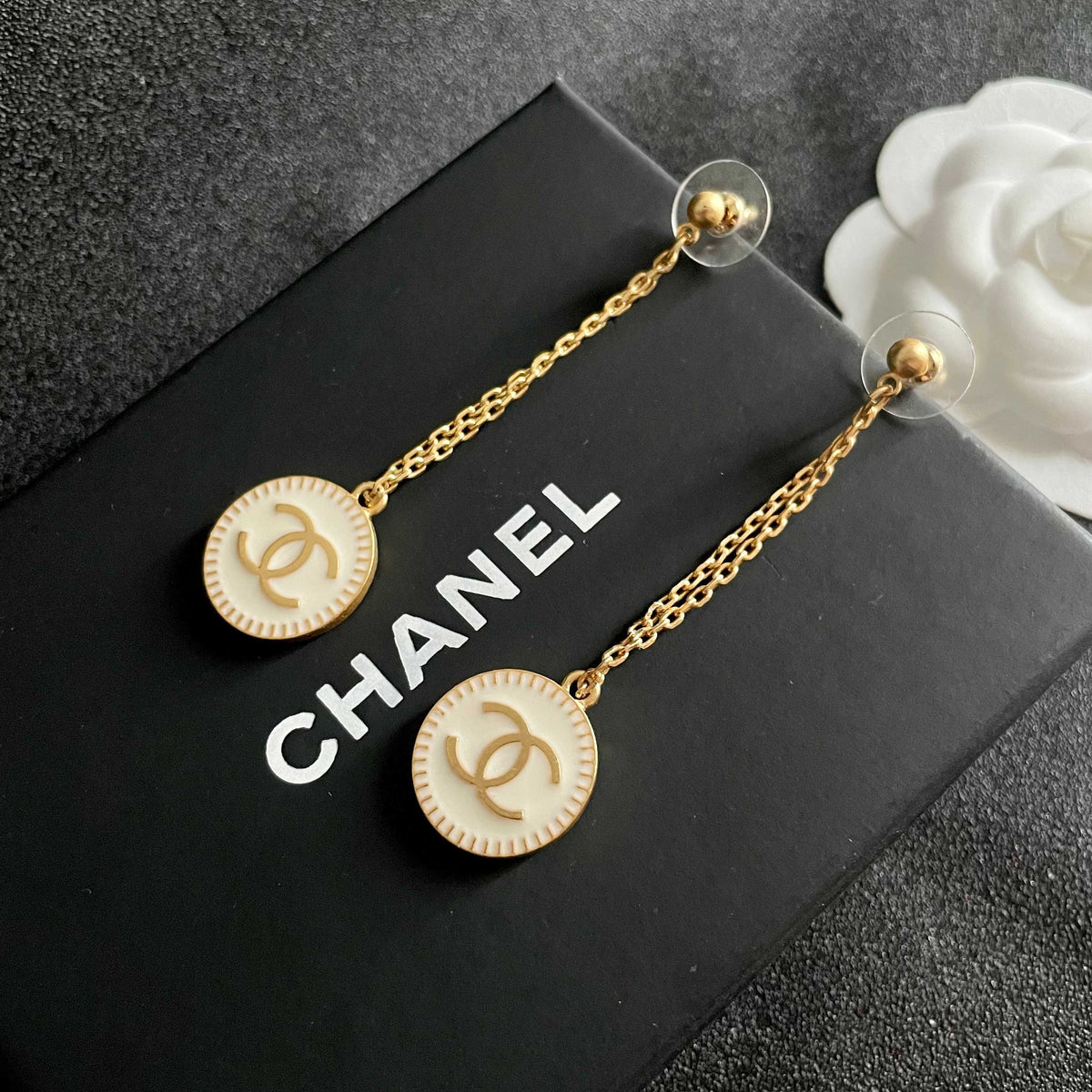 Double-C Emblem Statement Earrings in Polished Metal-Tone – Design 064 front product view