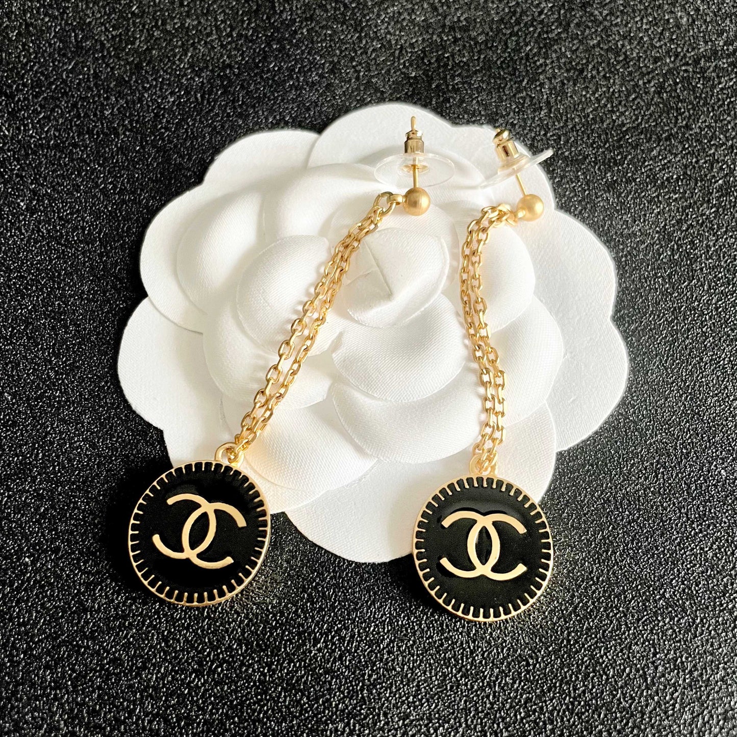 Double-C Emblem Statement Earrings in Polished Metal-Tone – Design 008 front product view