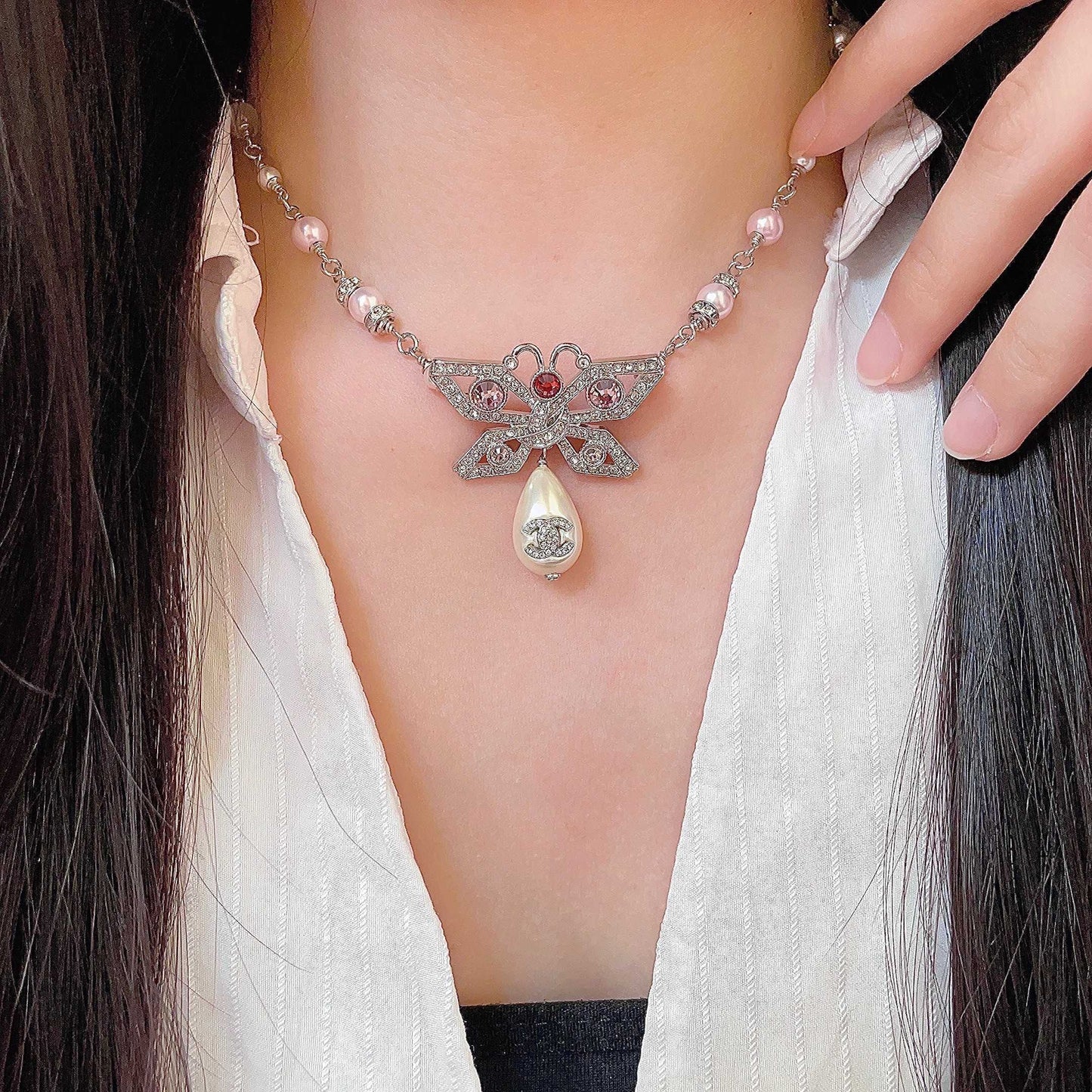 Double-C Emblem Pearl-Detail Pendant Necklace – Pearl Detail – Design 019 main product view