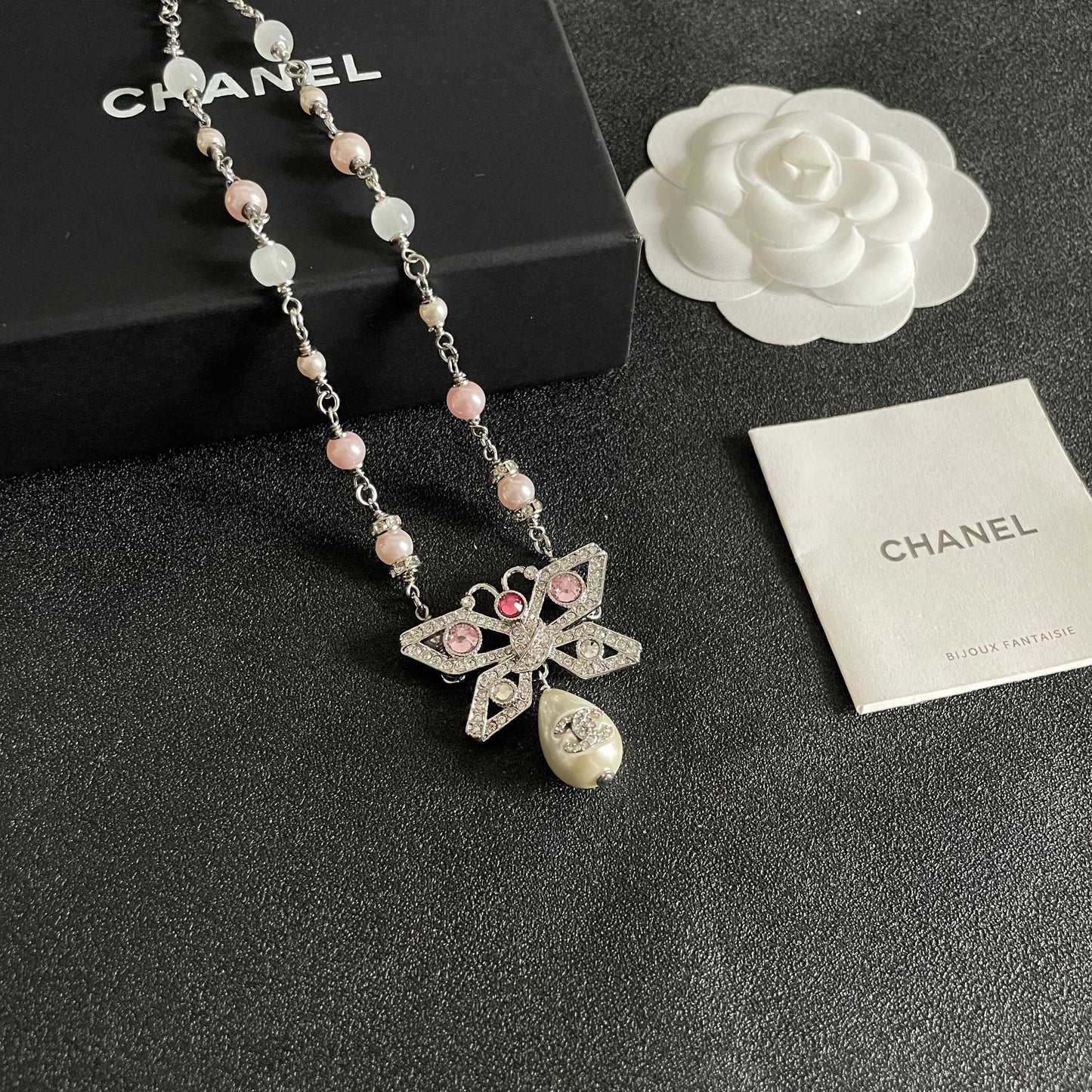 Double-C Emblem Pearl-Detail Pendant Necklace – Pearl Detail – Design 019 styled product view