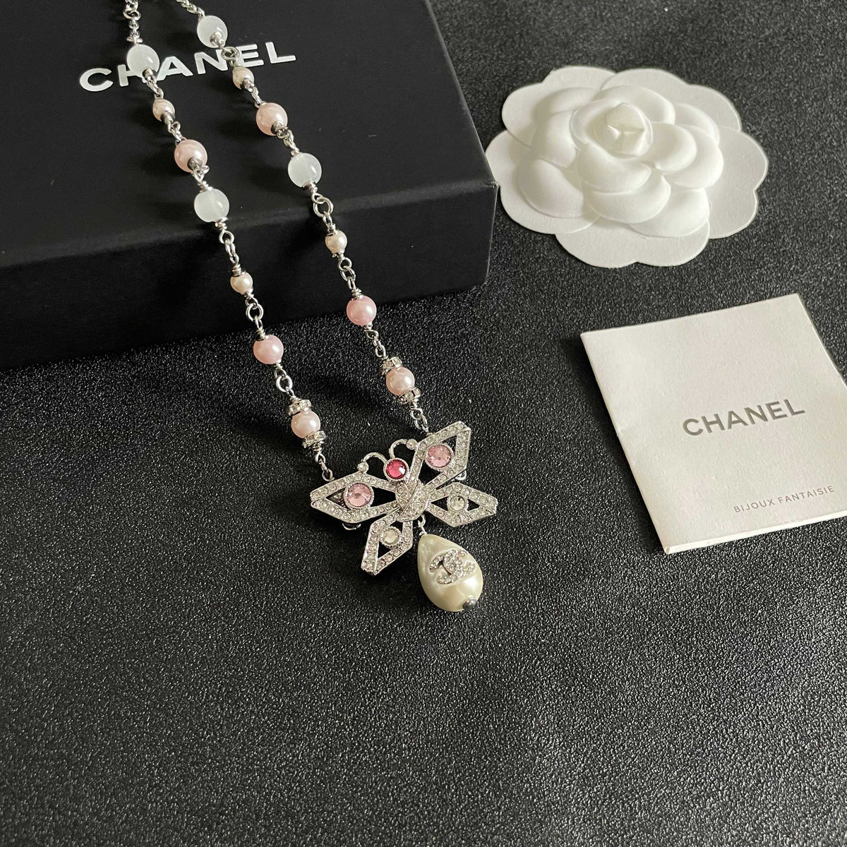 Double-C Emblem Pearl-Detail Pendant Necklace – Pearl Detail – Design 022 styled product view