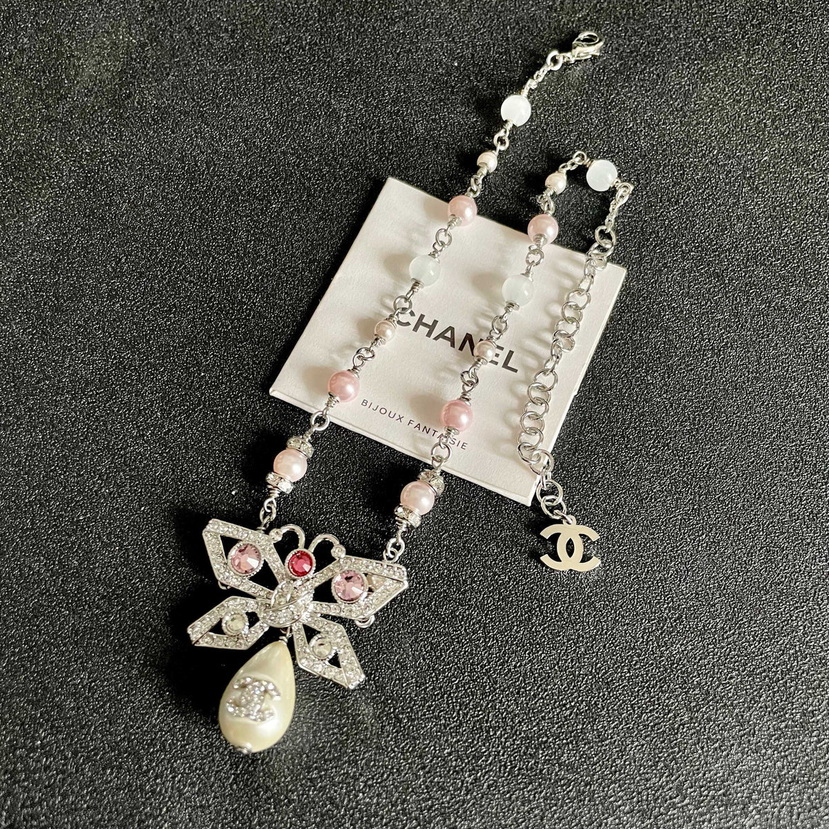Double-C Emblem Pearl-Detail Pendant Necklace – Pearl Detail – Design 022 detail view