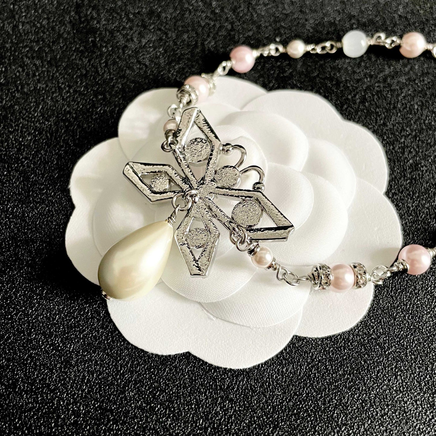 Double-C Emblem Pearl-Detail Pendant Necklace – Pearl Detail – Design 019 front product view