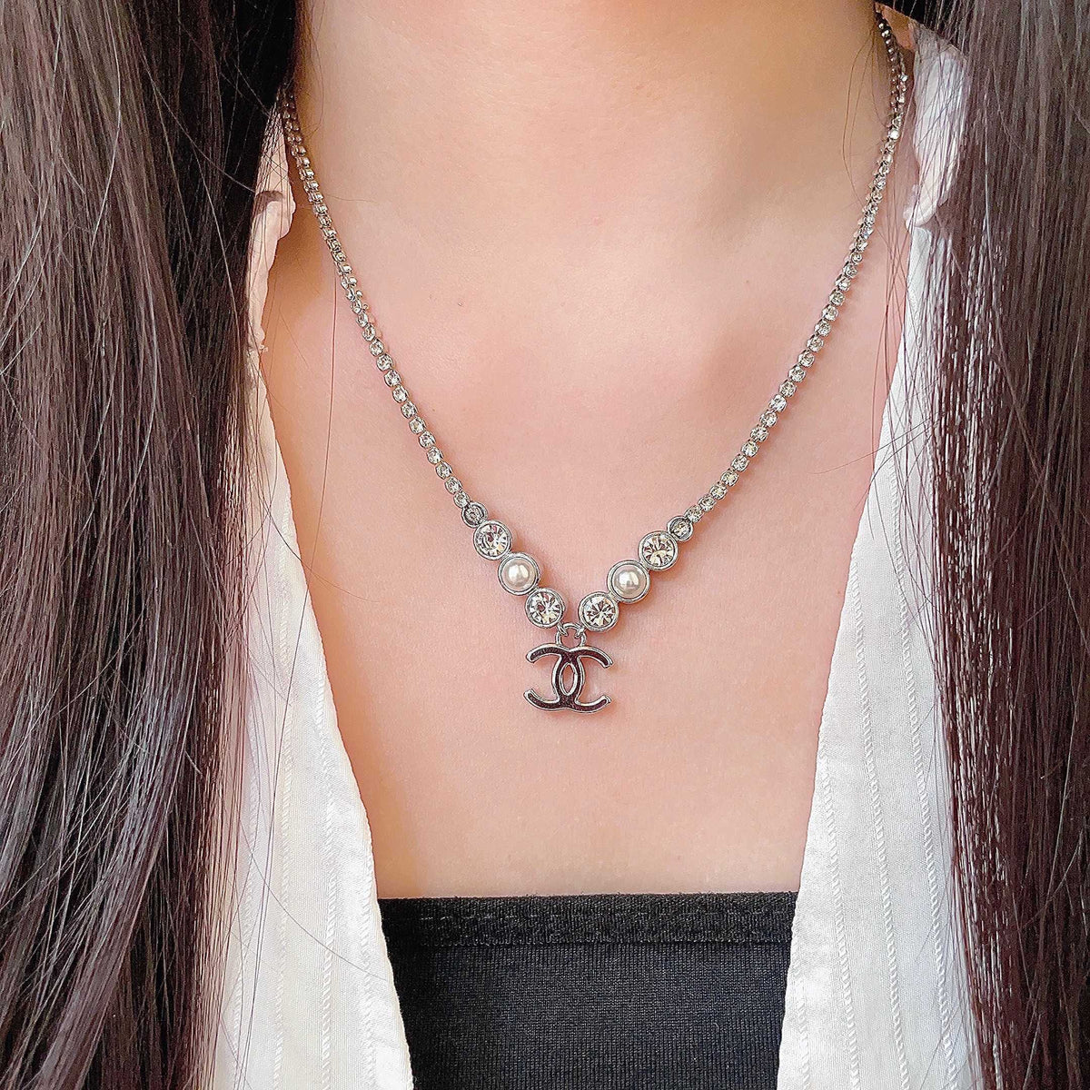 Double-C Emblem Pearl-Detail Pendant Necklace – Pearl Detail – Design 018 detail view