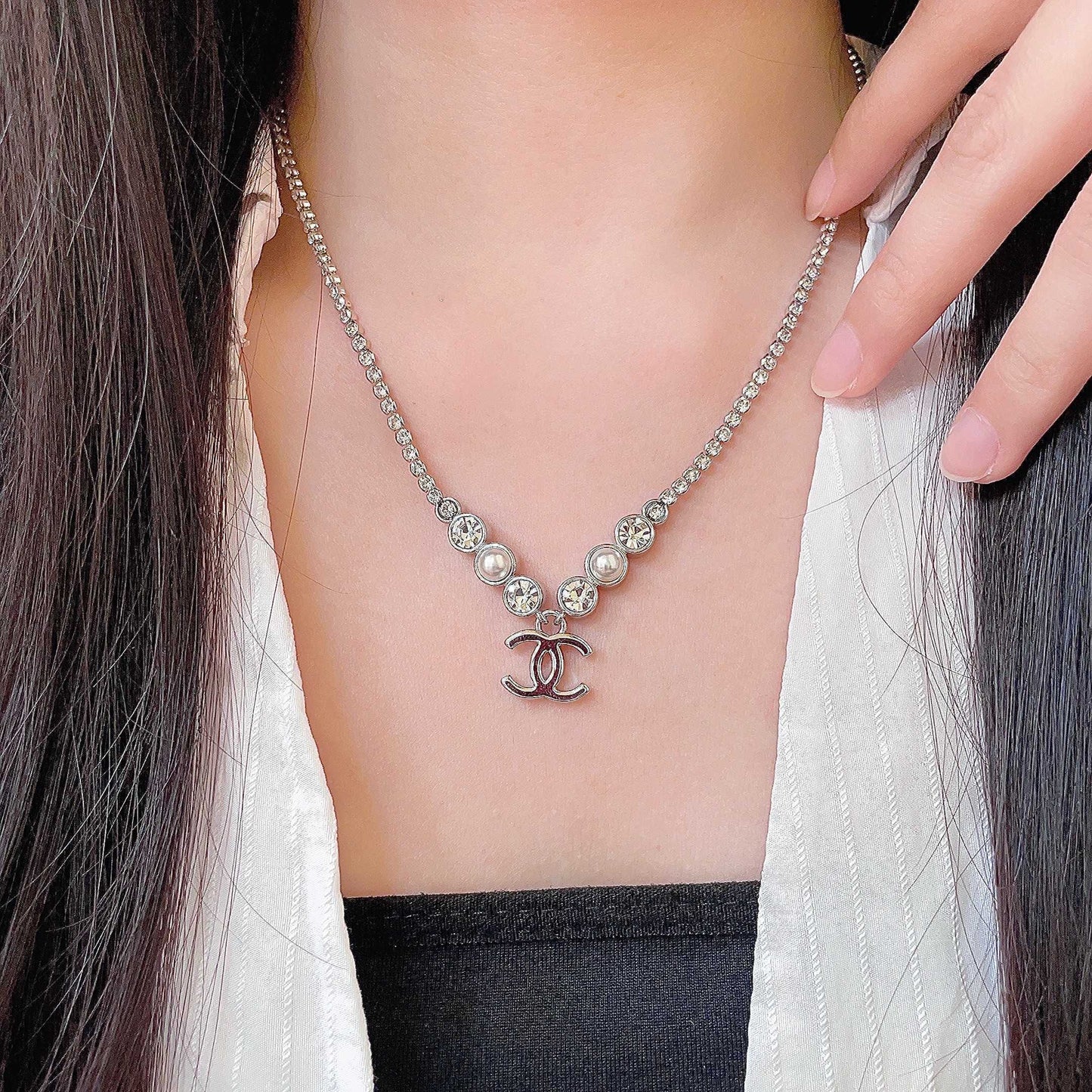 Double-C Emblem Pearl-Detail Pendant Necklace – Pearl Detail – Design 021 main product view