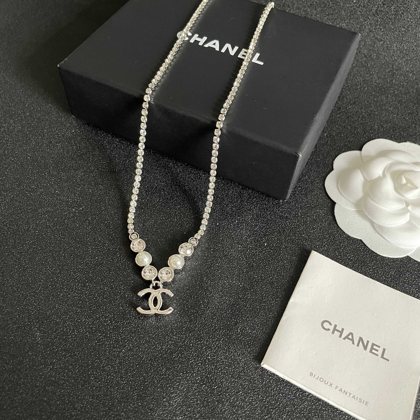 Double-C Emblem Pearl-Detail Pendant Necklace – Pearl Detail – Design 021 close-up detail