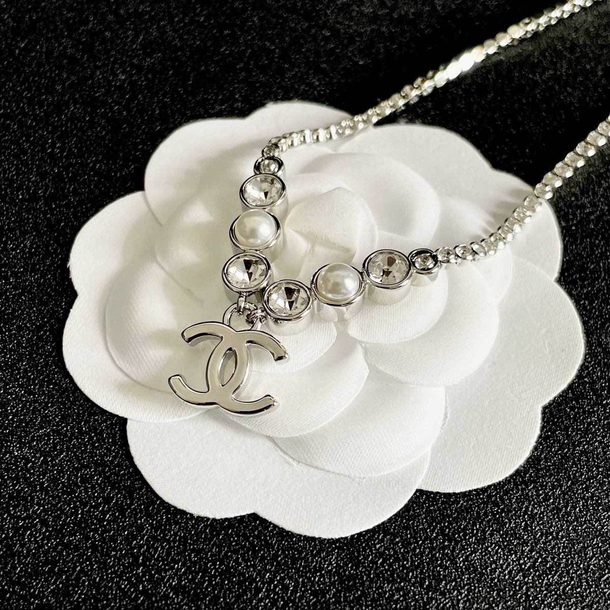 Double-C Emblem Pearl-Detail Pendant Necklace – Pearl Detail – Design 018 front product view