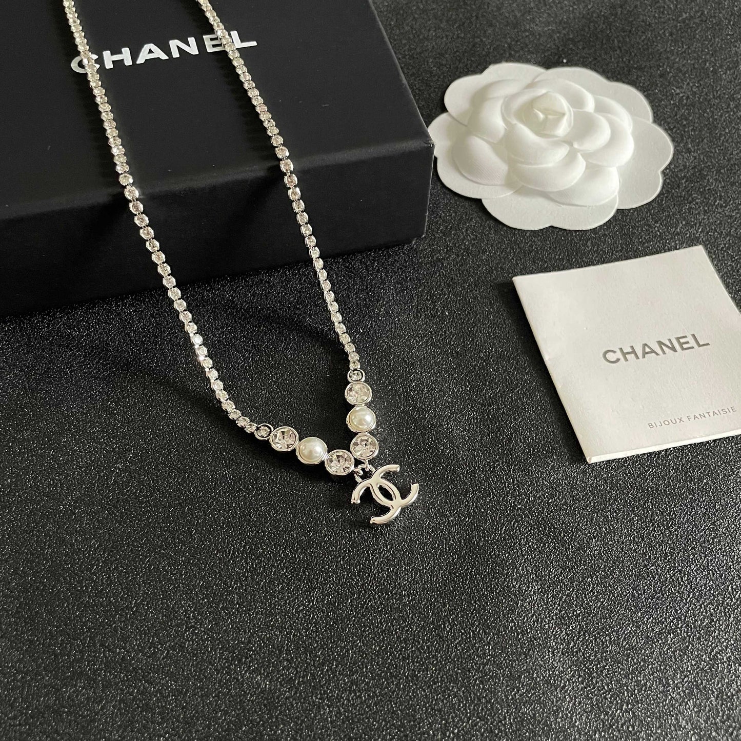 Double-C Emblem Pearl-Detail Pendant Necklace – Pearl Detail – Design 018 styled product view