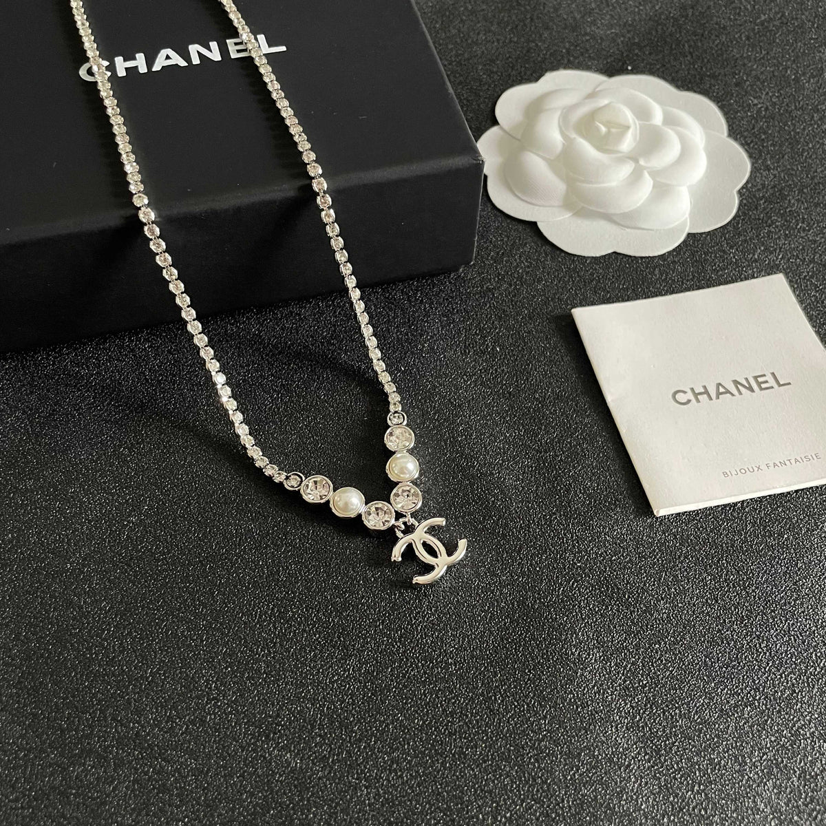 Double-C Emblem Pearl-Detail Pendant Necklace – Pearl Detail – Design 018 styled product view