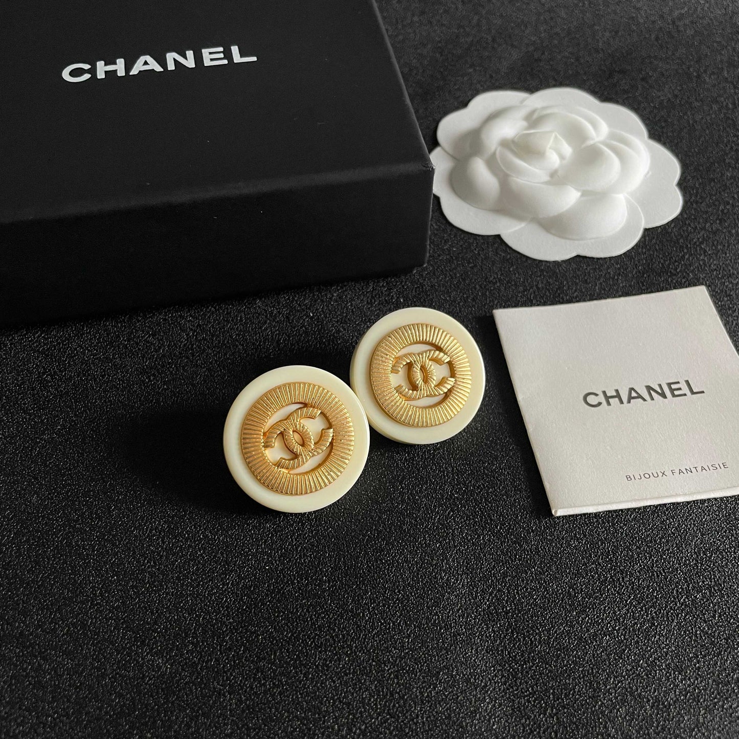 Double-C Emblem Stud Earrings in Polished Metal-Tone – Design 040 styled product view