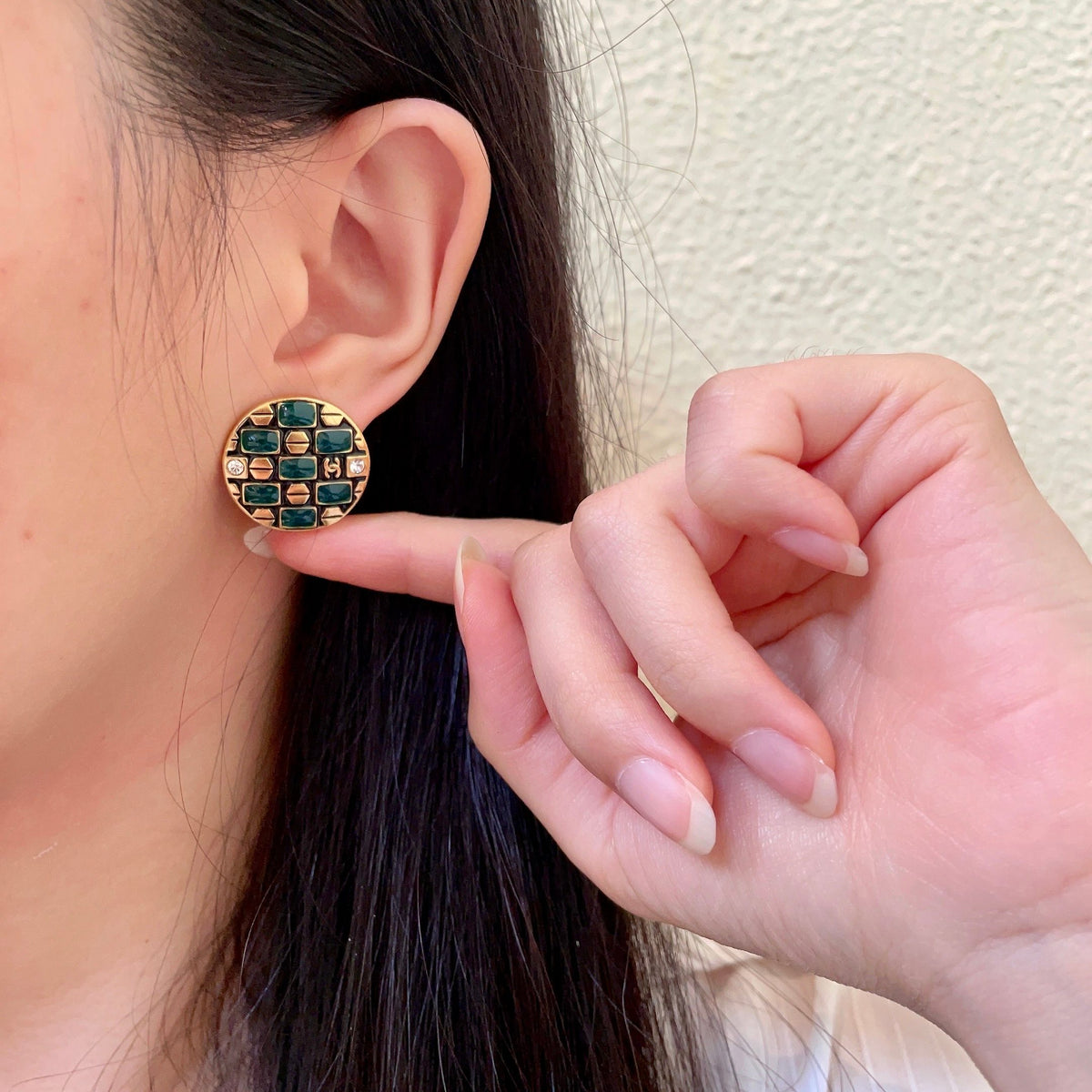 Double-C Emblem Stud Earrings in Polished Metal-Tone – Design 001 front product view