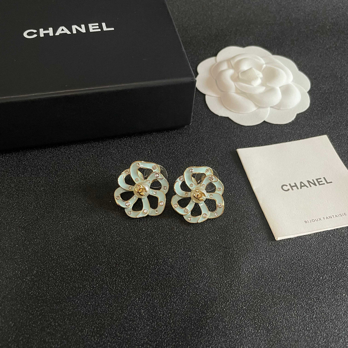 Camellia Stud Earrings in Polished Metal-Tone – Camellia Detail – Design 014 styled product view