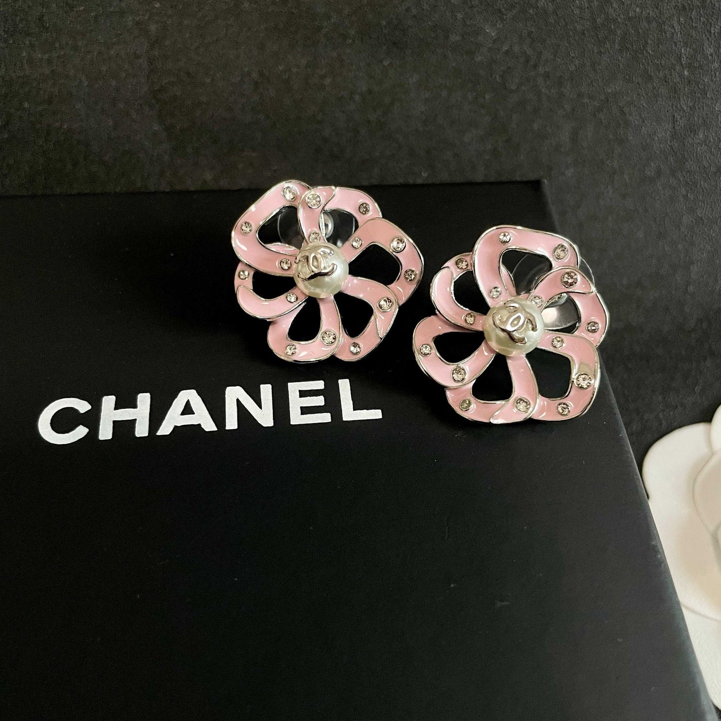 Camellia Stud Earrings in Polished Metal-Tone – Camellia Detail – Design 013 detail view