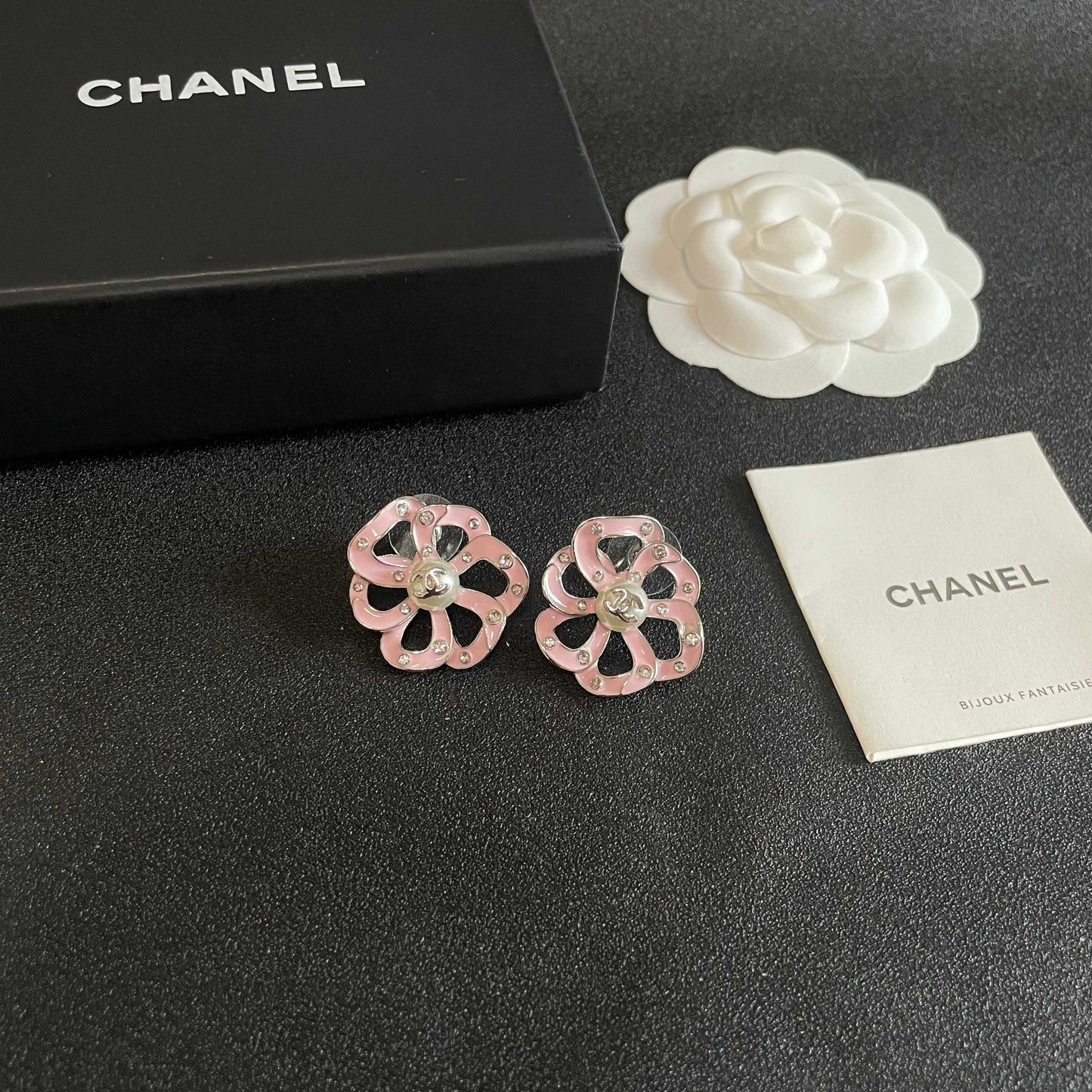 Camellia Stud Earrings in Polished Metal-Tone – Camellia Detail – Design 003 styled product view