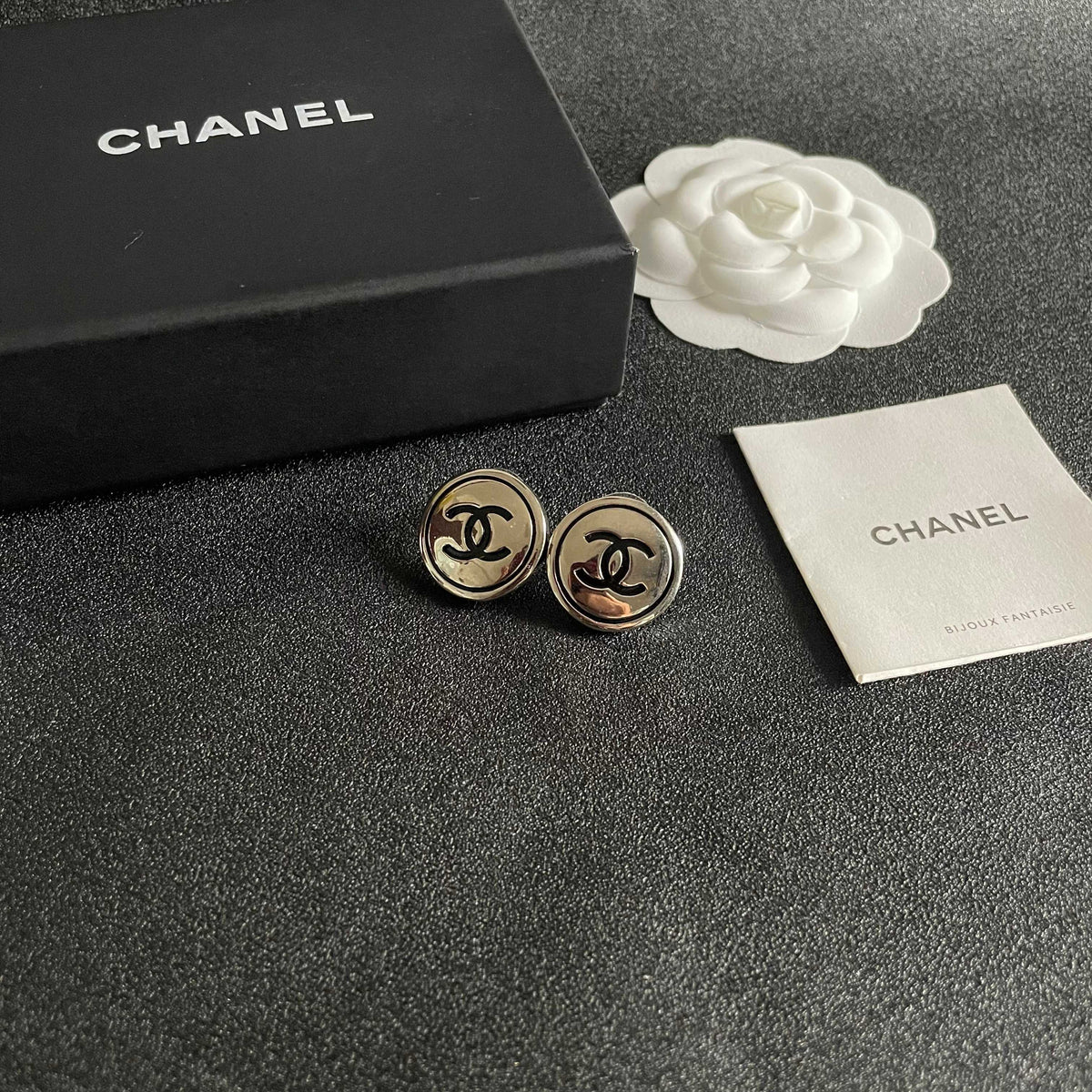 Double-C Emblem Stud Earrings in Polished Metal-Tone – Design 046 styled product view