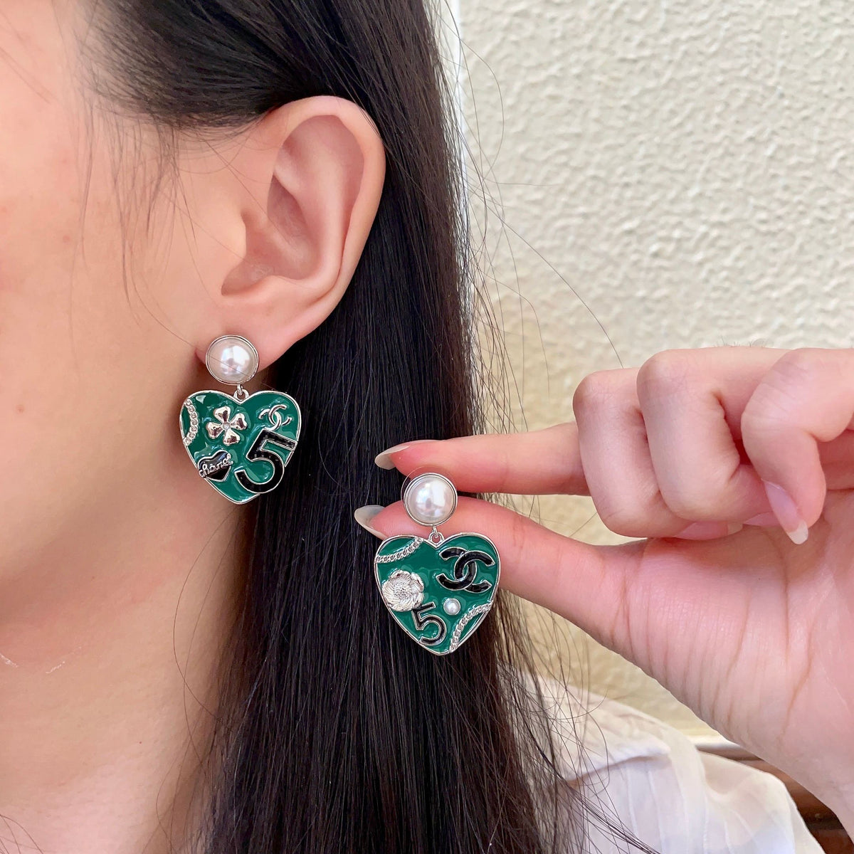 Double-C Emblem Pearl-Detail Statement Earrings – Pearl Detail – Design 005 main product view
