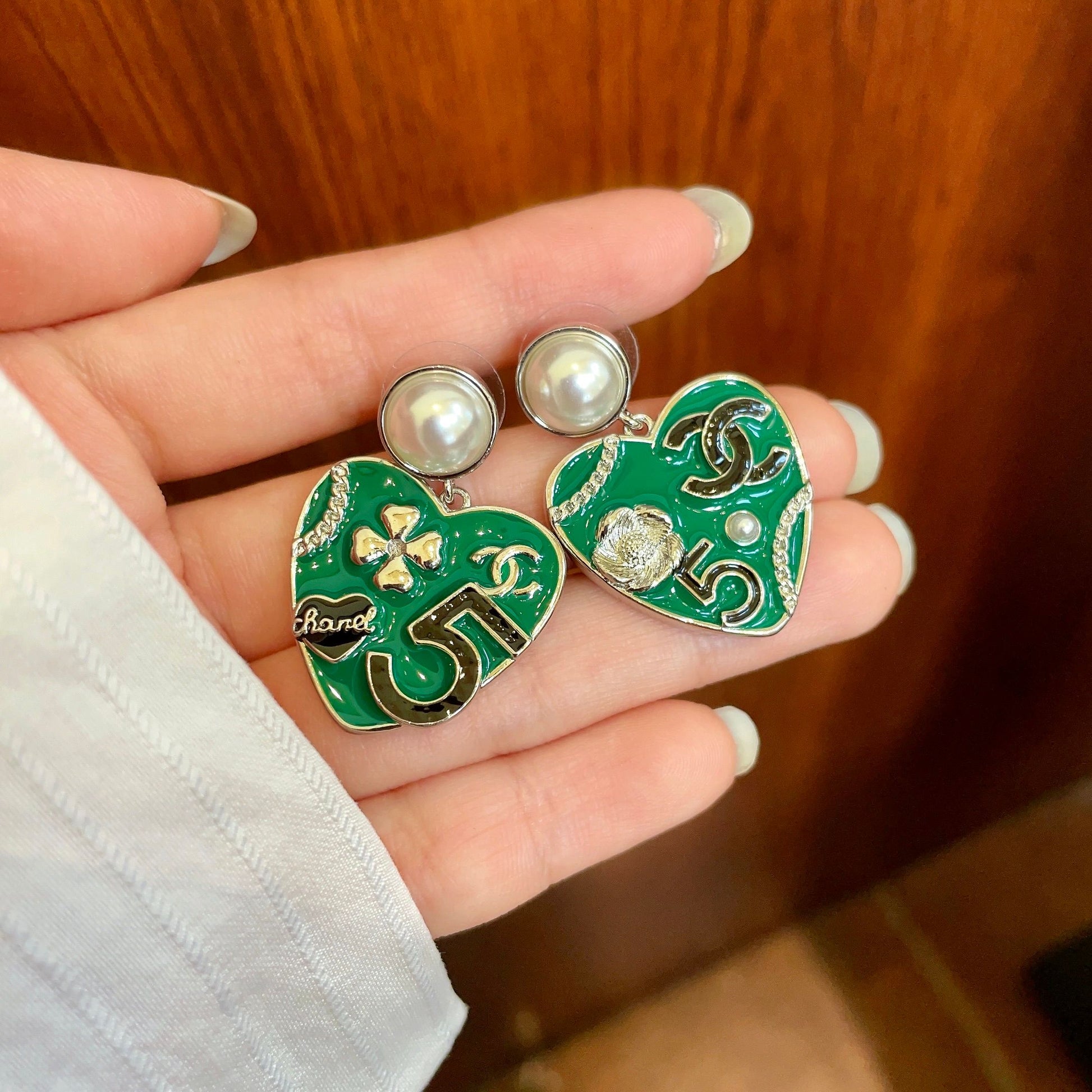 Double-C Emblem Pearl-Detail Statement Earrings – Pearl Detail – Design 007 side detail