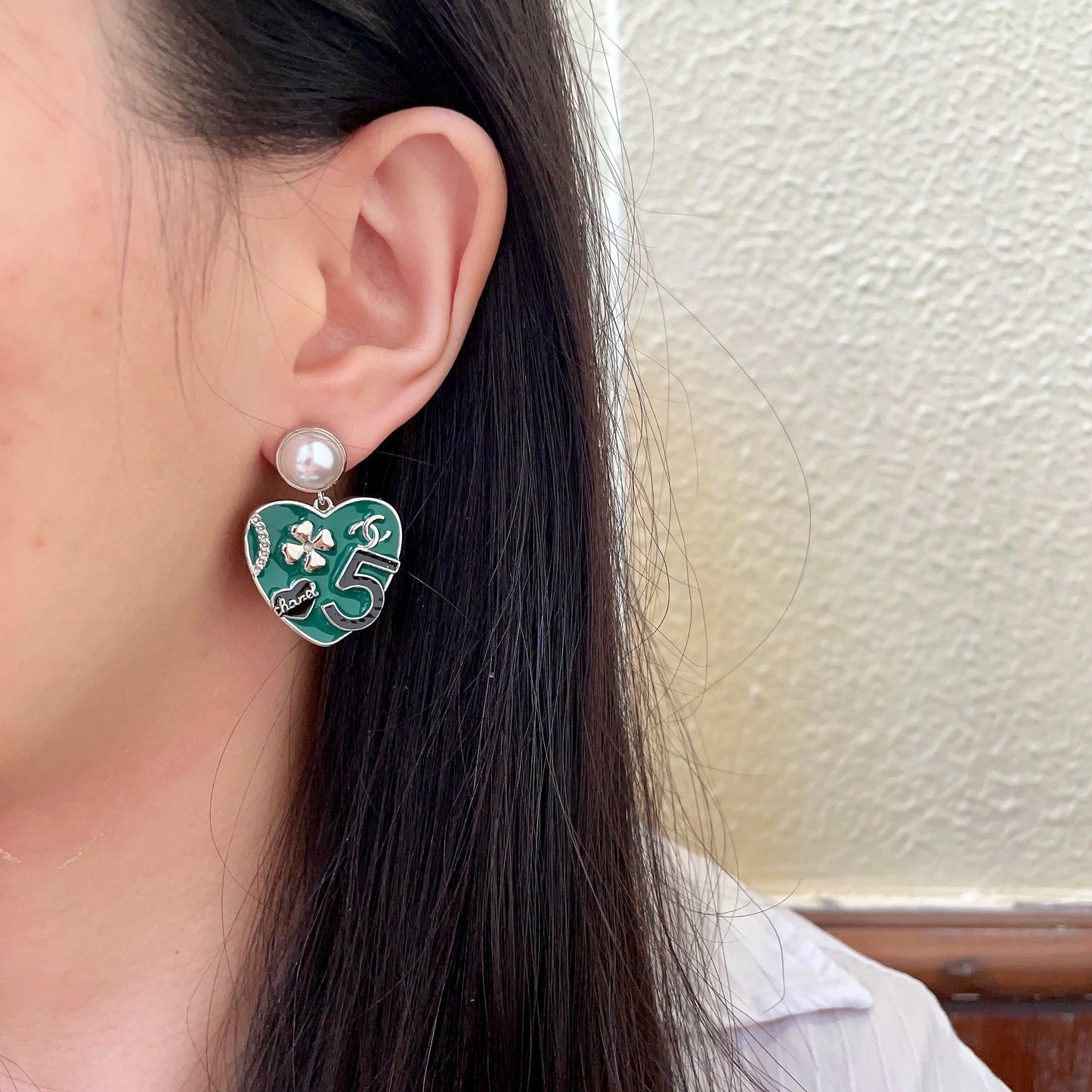 Double-C Emblem Pearl-Detail Statement Earrings – Pearl Detail – Design 007 detail view