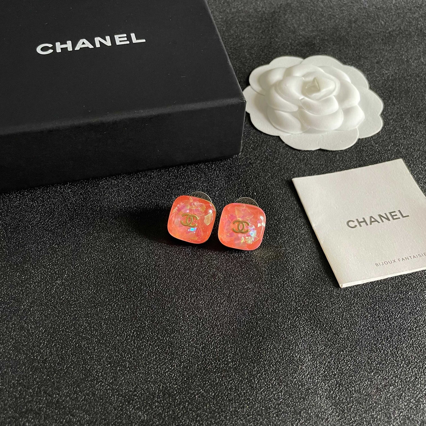 Double-C Emblem Stud Earrings in Polished Metal-Tone – Design 159 styled product view