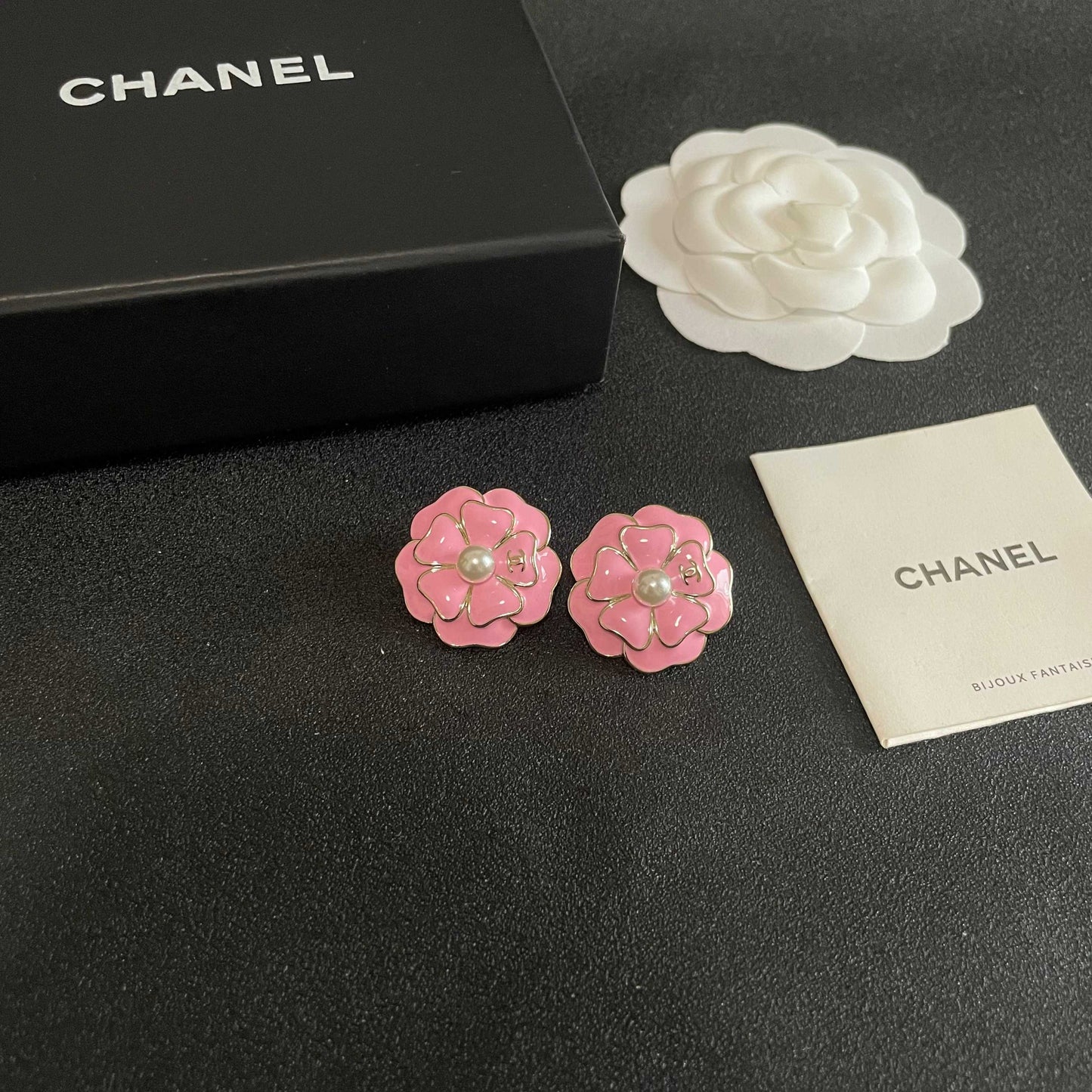Camellia Stud Earrings in Polished Metal-Tone – Camellia Detail – Design 017 styled product view