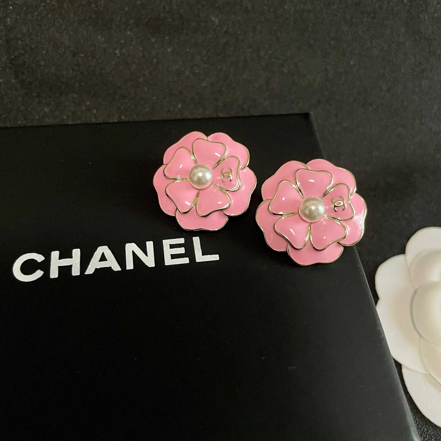 Camellia Stud Earrings in Polished Metal-Tone – Camellia Detail – Design 017 detail view