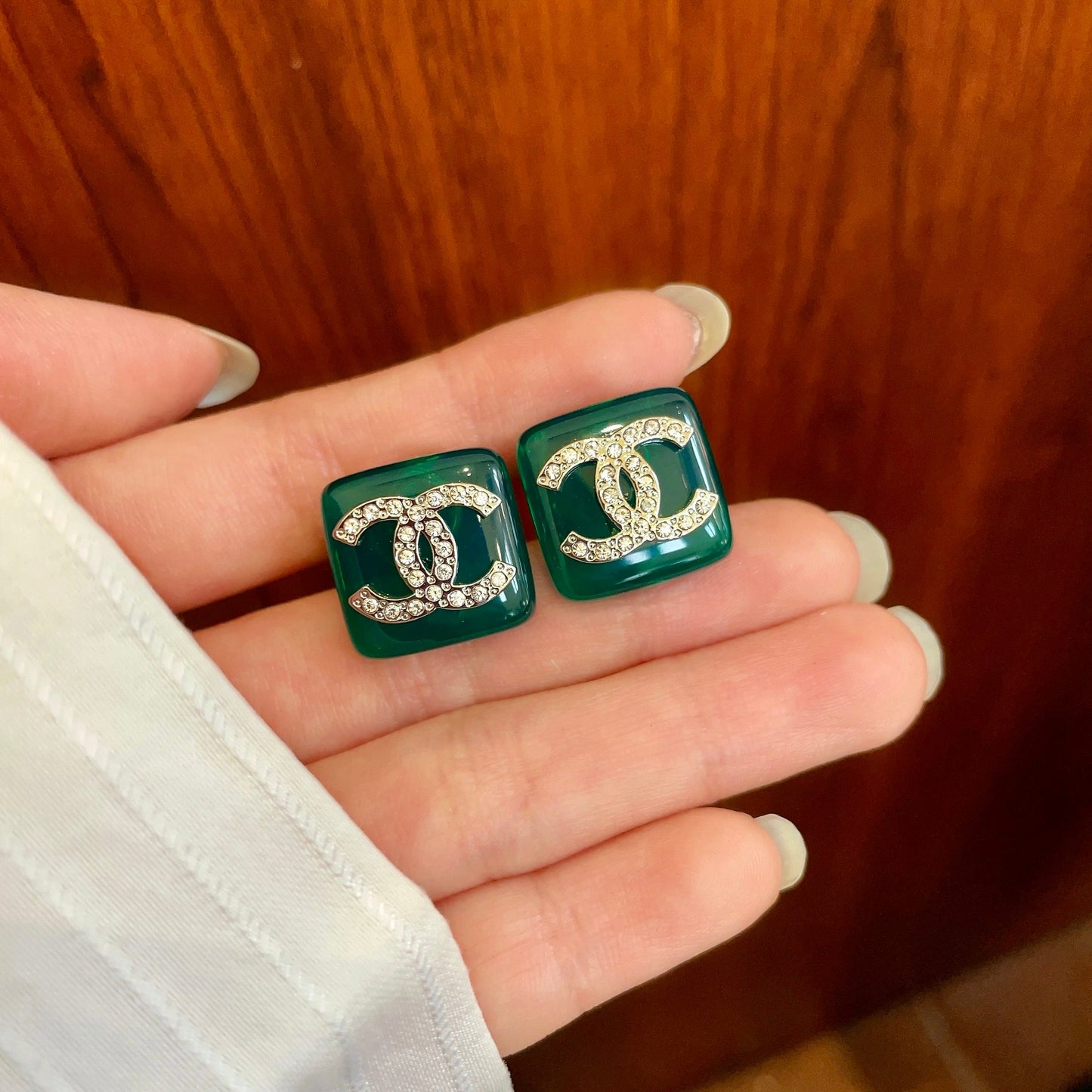 Double-C Emblem Crystal-Accent Stud Earrings – Design 008 side detail