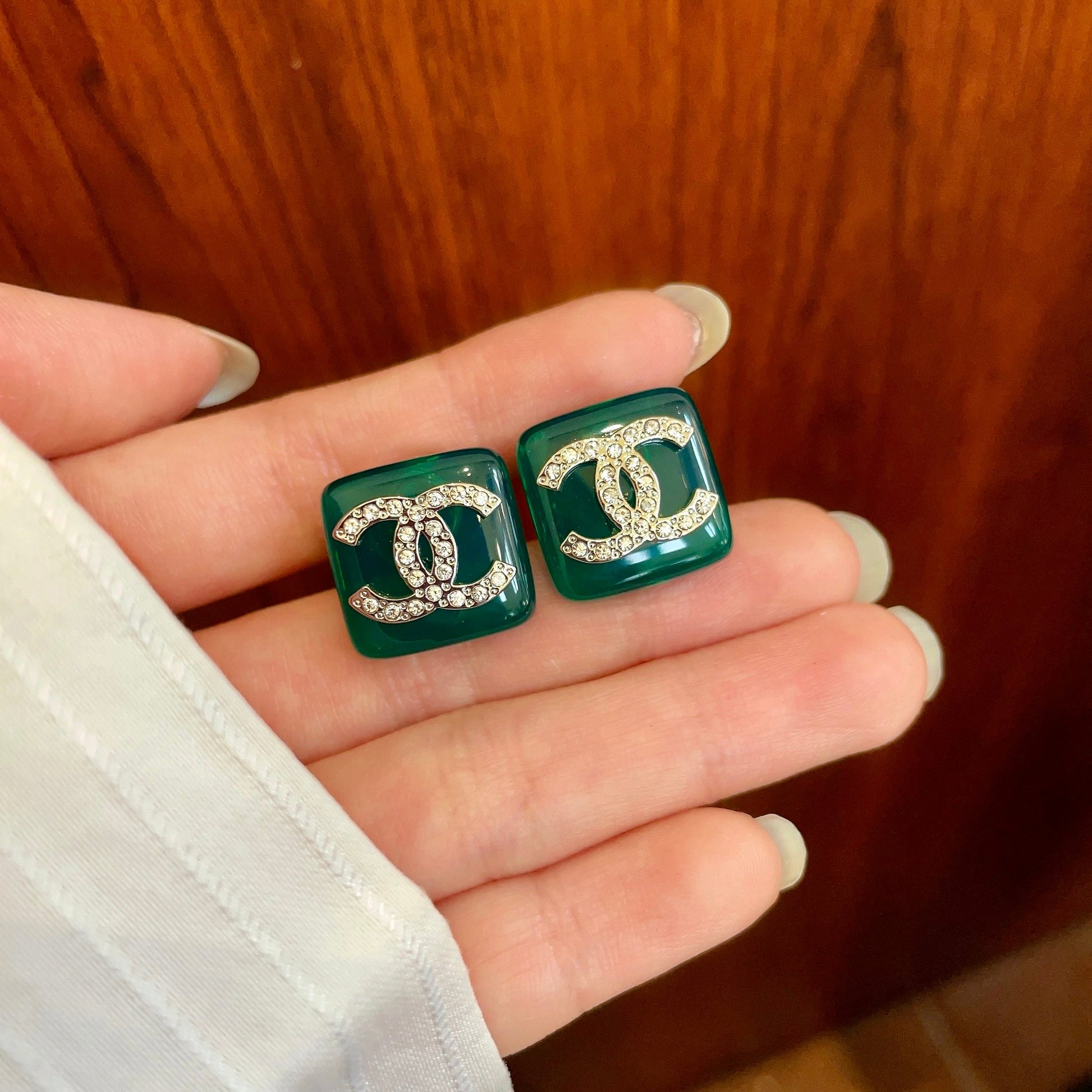 Double-C Emblem Crystal-Accent Stud Earrings – Design 012 side detail