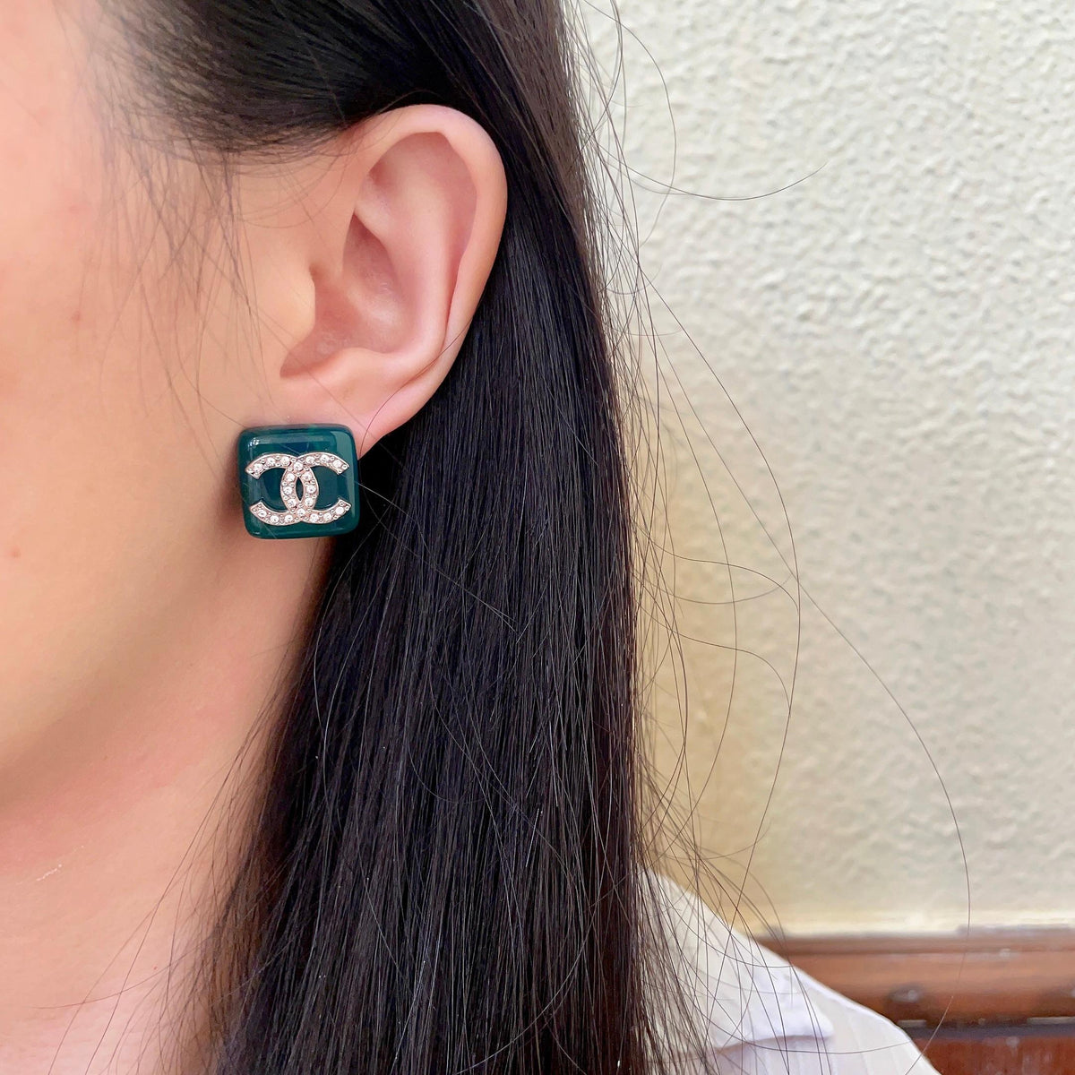 Double-C Emblem Crystal-Accent Stud Earrings – Design 008 detail view