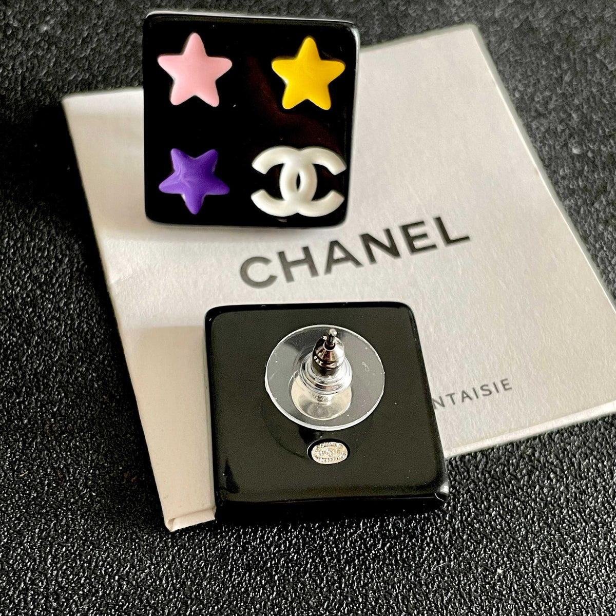 Double-C Emblem Stud Earrings in Polished Metal-Tone – Star Detail – Design 002 main product view