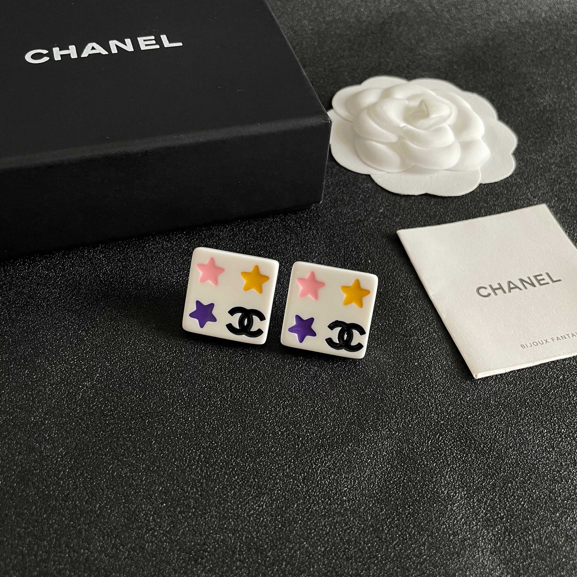 Double-C Emblem Stud Earrings in Polished Metal-Tone – Star Detail – Design 009 styled product view