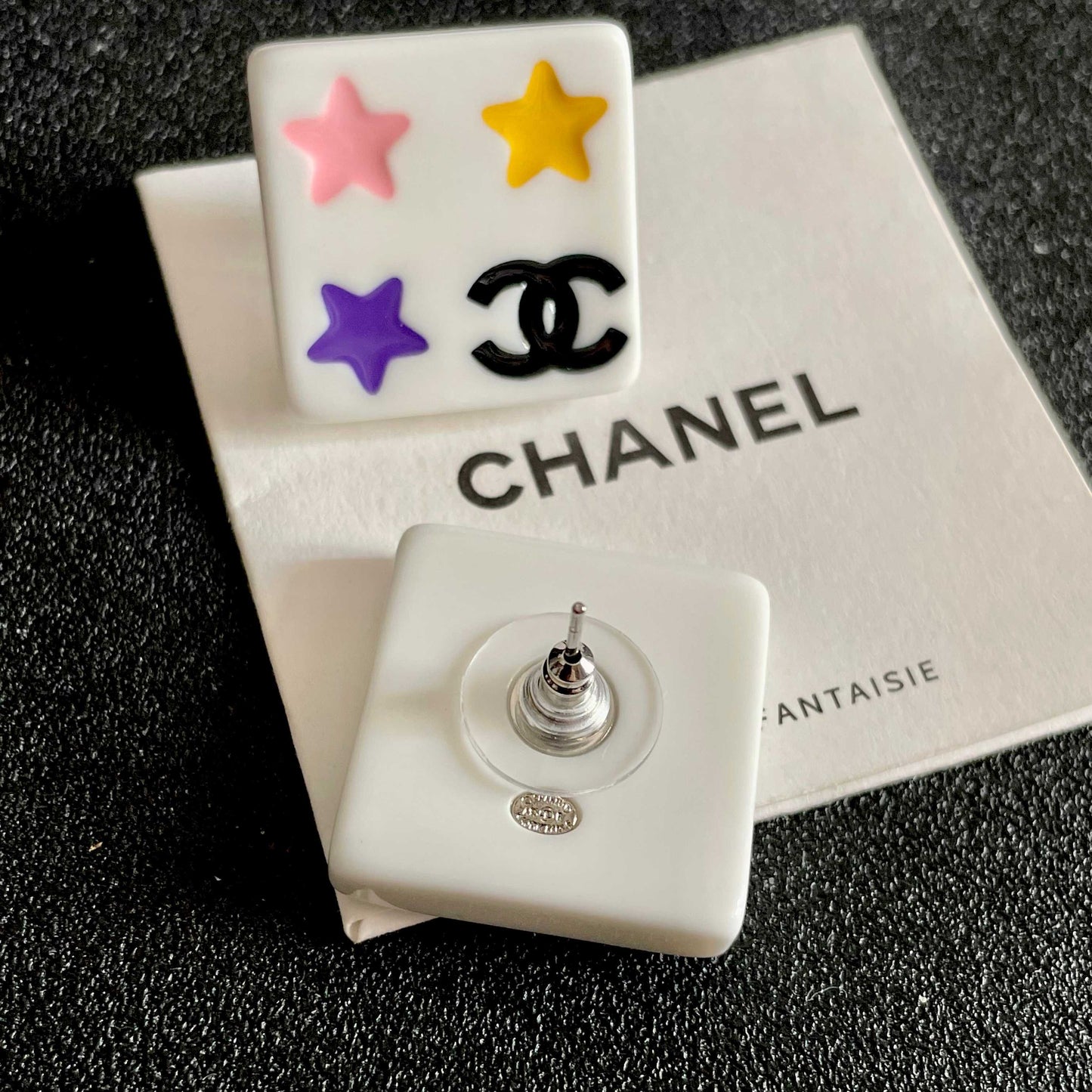 Double-C Emblem Stud Earrings in Polished Metal-Tone – Star Detail – Design 009 main product view