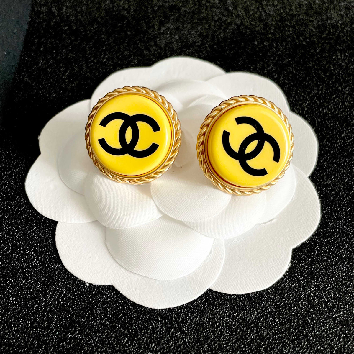 Double-C Emblem Stud Earrings in Polished Metal-Tone – Design 214 front product view