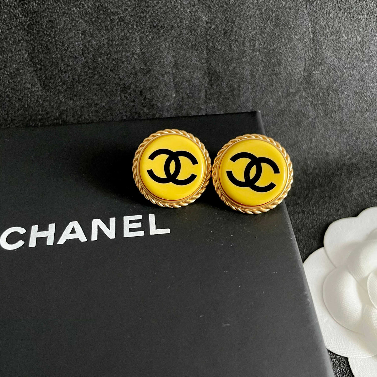 Double-C Emblem Stud Earrings in Polished Metal-Tone – Design 214 detail view