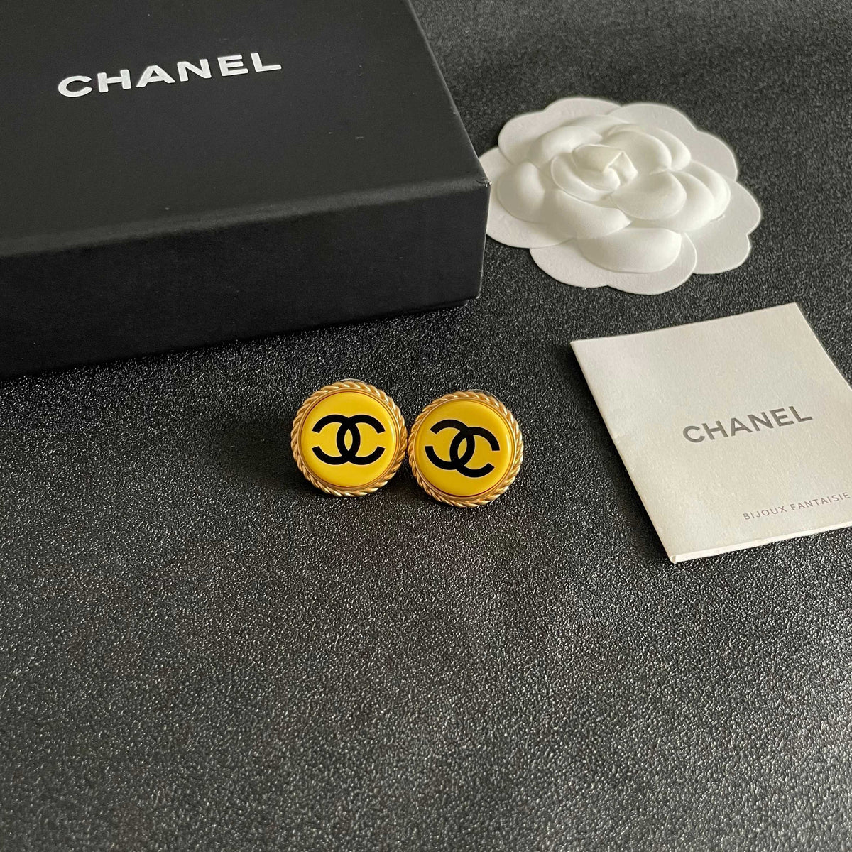 Double-C Emblem Stud Earrings in Polished Metal-Tone – Design 214 styled product view