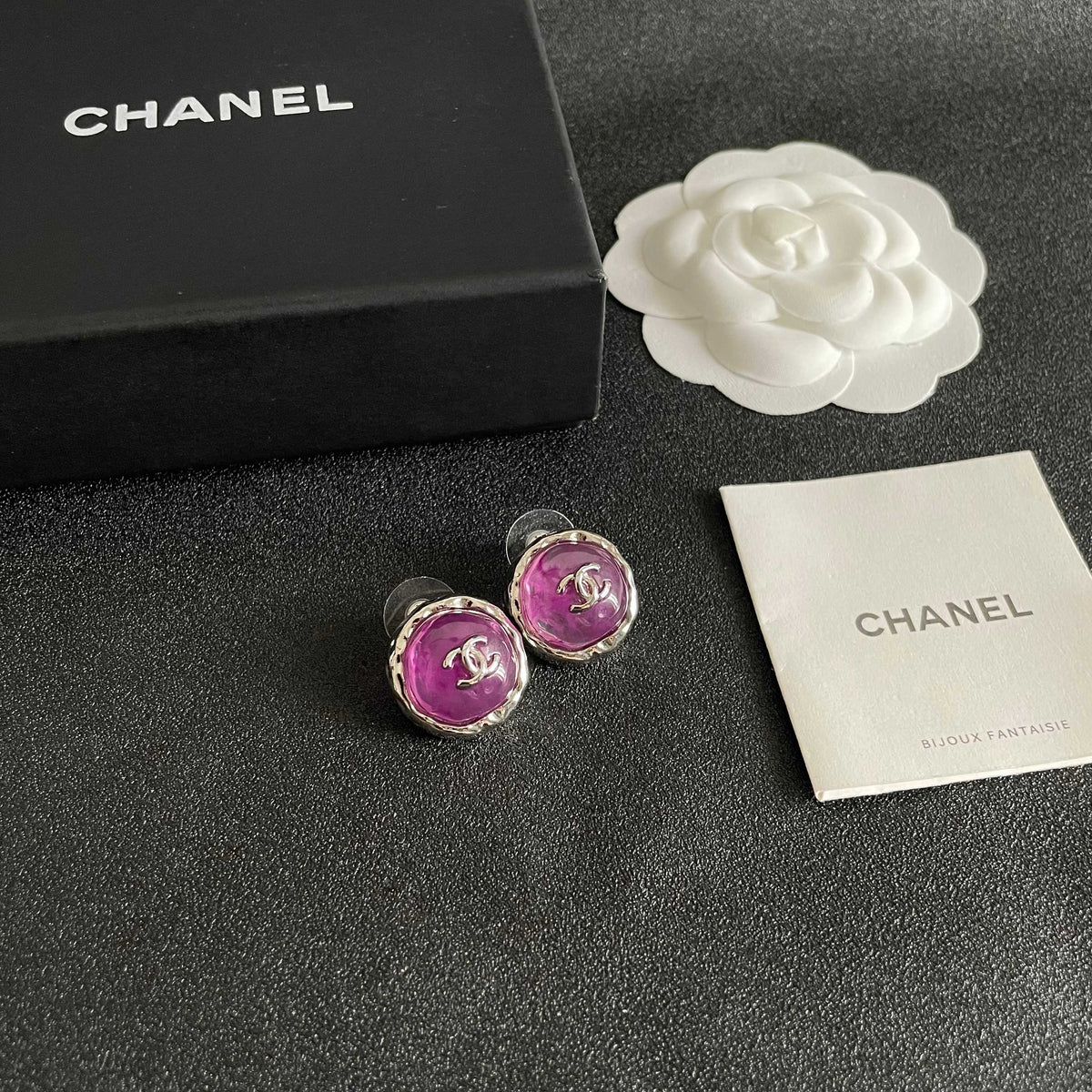 Double-C Emblem Stud Earrings in Polished Metal-Tone – Design 213 styled product view
