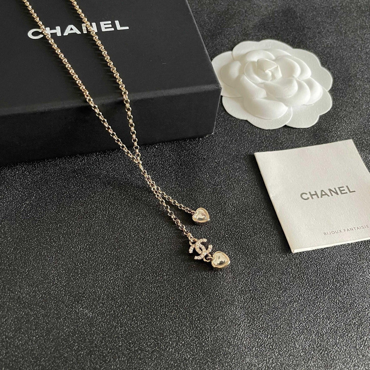 Double-C Emblem Crystal-Accent Pendant Necklace – Heart Detail – Design 003 styled product view