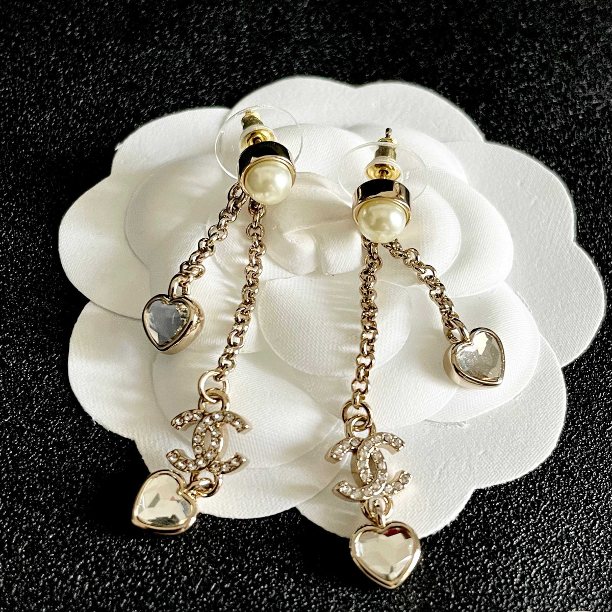 Double-C Emblem Crystal-Accent Statement Earrings – Heart Detail front product view