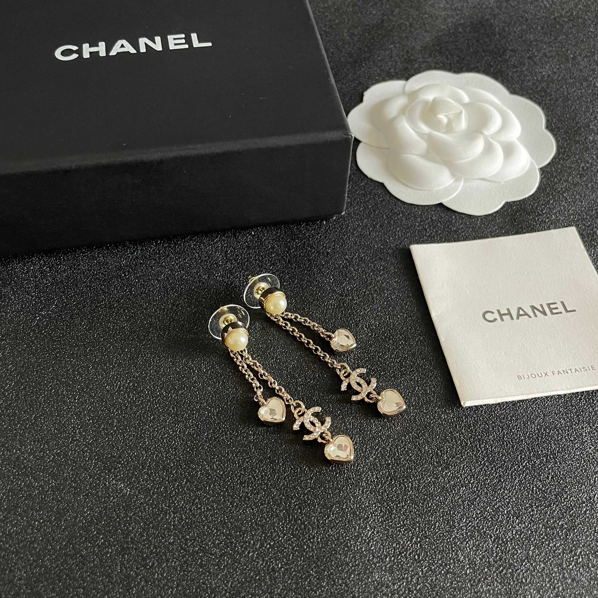 Double-C Emblem Crystal-Accent Statement Earrings – Heart Detail – Design 003 styled product view