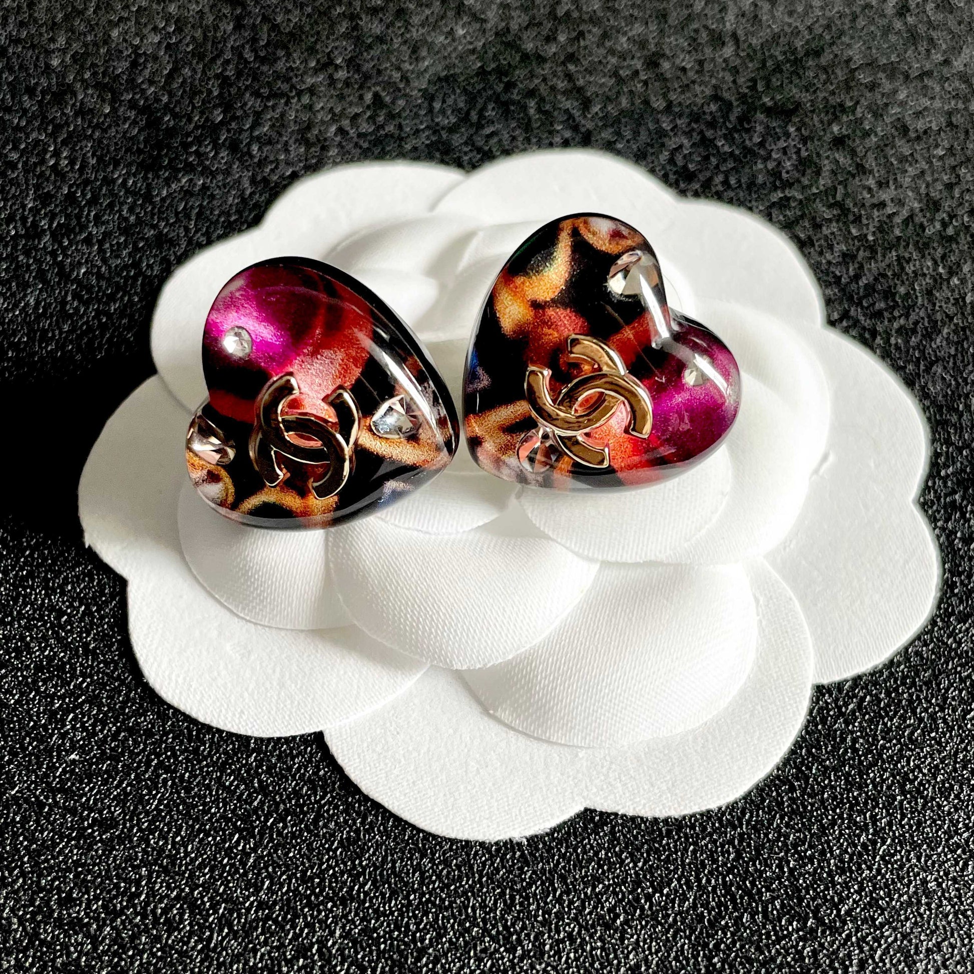 Double-C Emblem Stud Earrings in Polished Metal-Tone – Heart Detail – Design 007 front product view