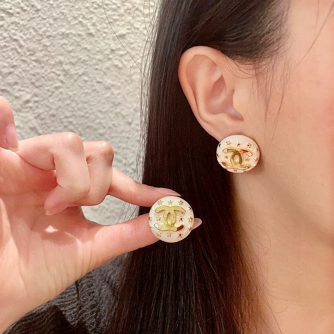 Double-C Emblem Stud Earrings in Polished Metal-Tone – Star Detail – Design 013 main product view