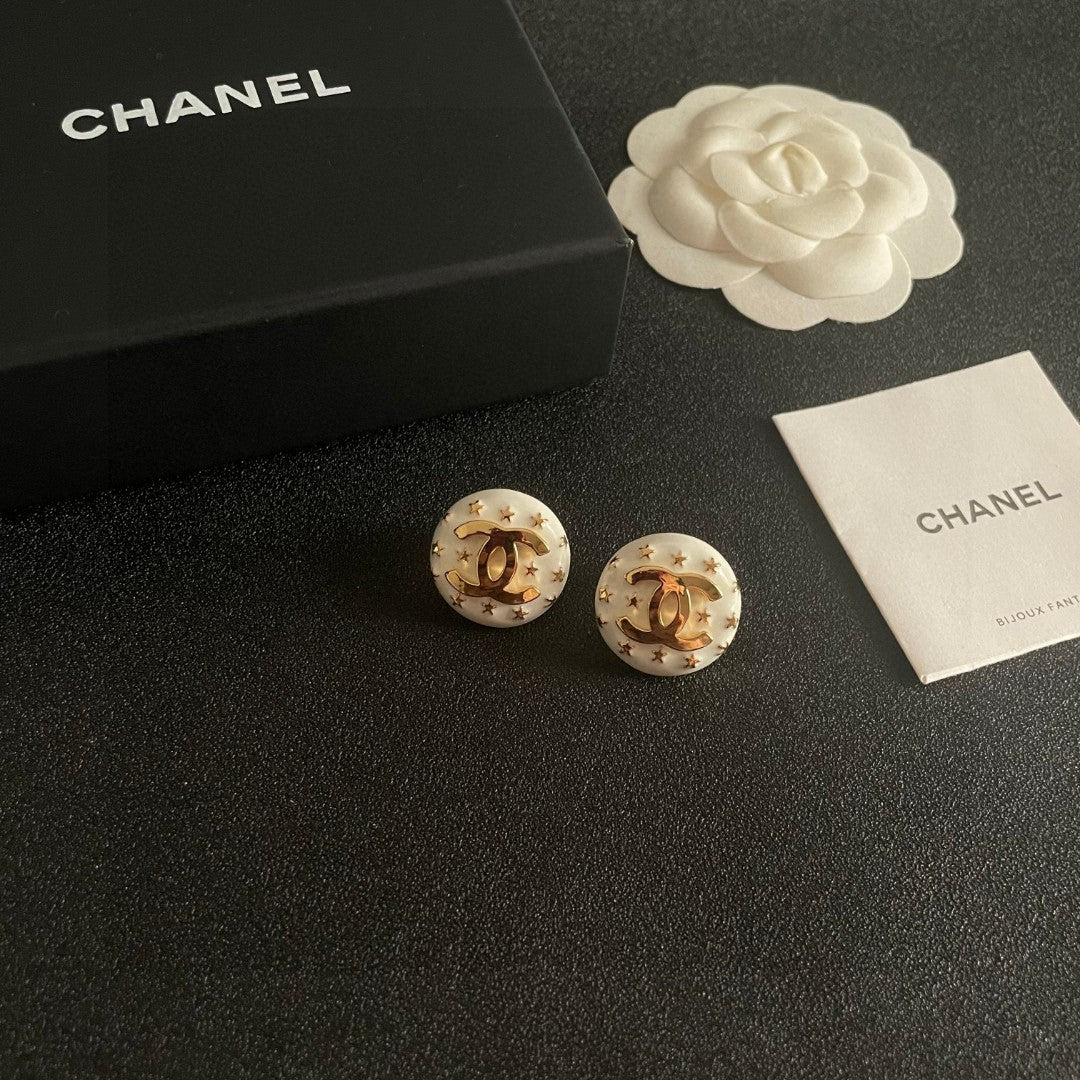 Double-C Emblem Stud Earrings in Polished Metal-Tone – Star Detail – Design 013 styled product view